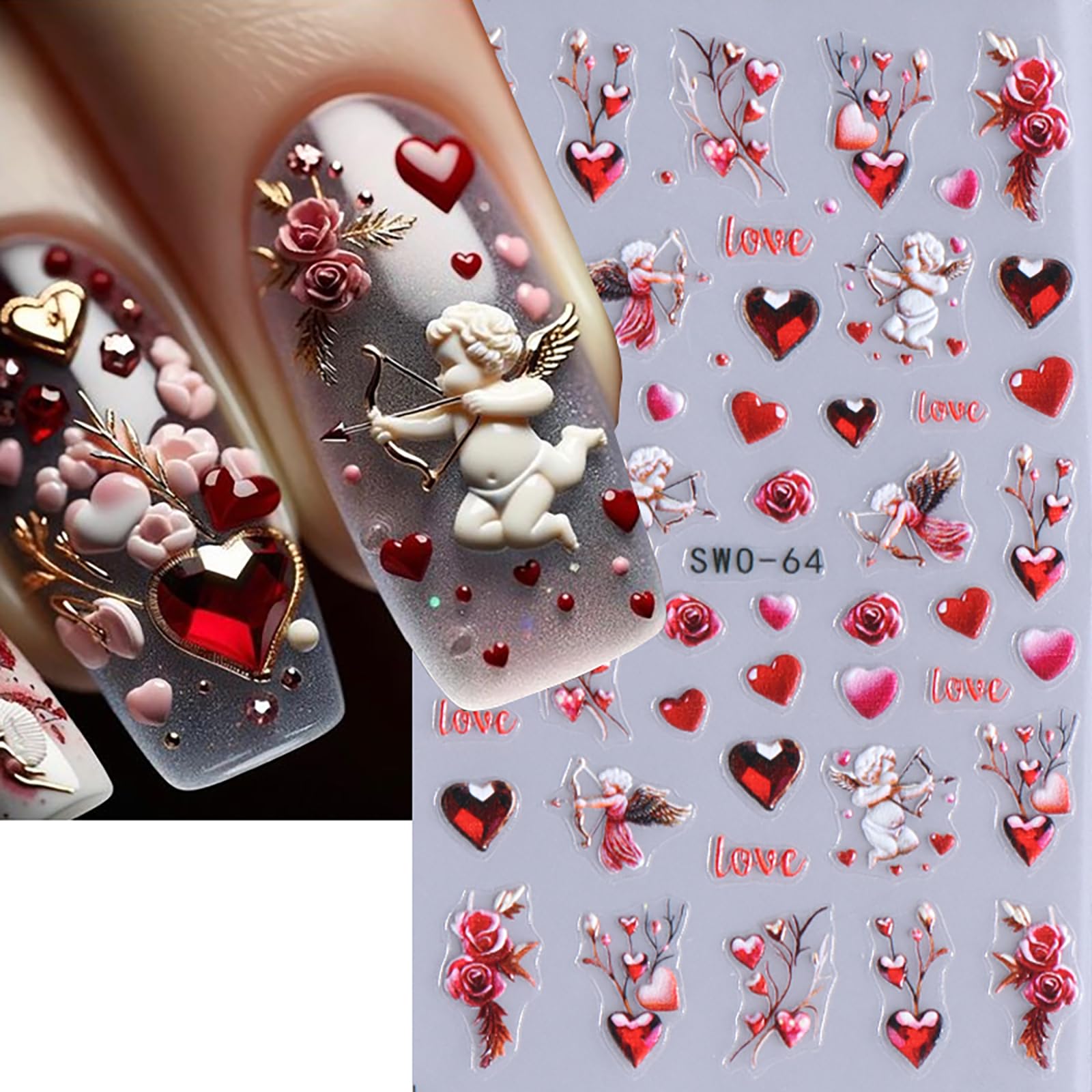 Valentine's Day Nail Stickers 5D Exquisite Love Tree Lips Cupid Nail Art Decals Romantic Nail Design Valentine's Day Nail Decals