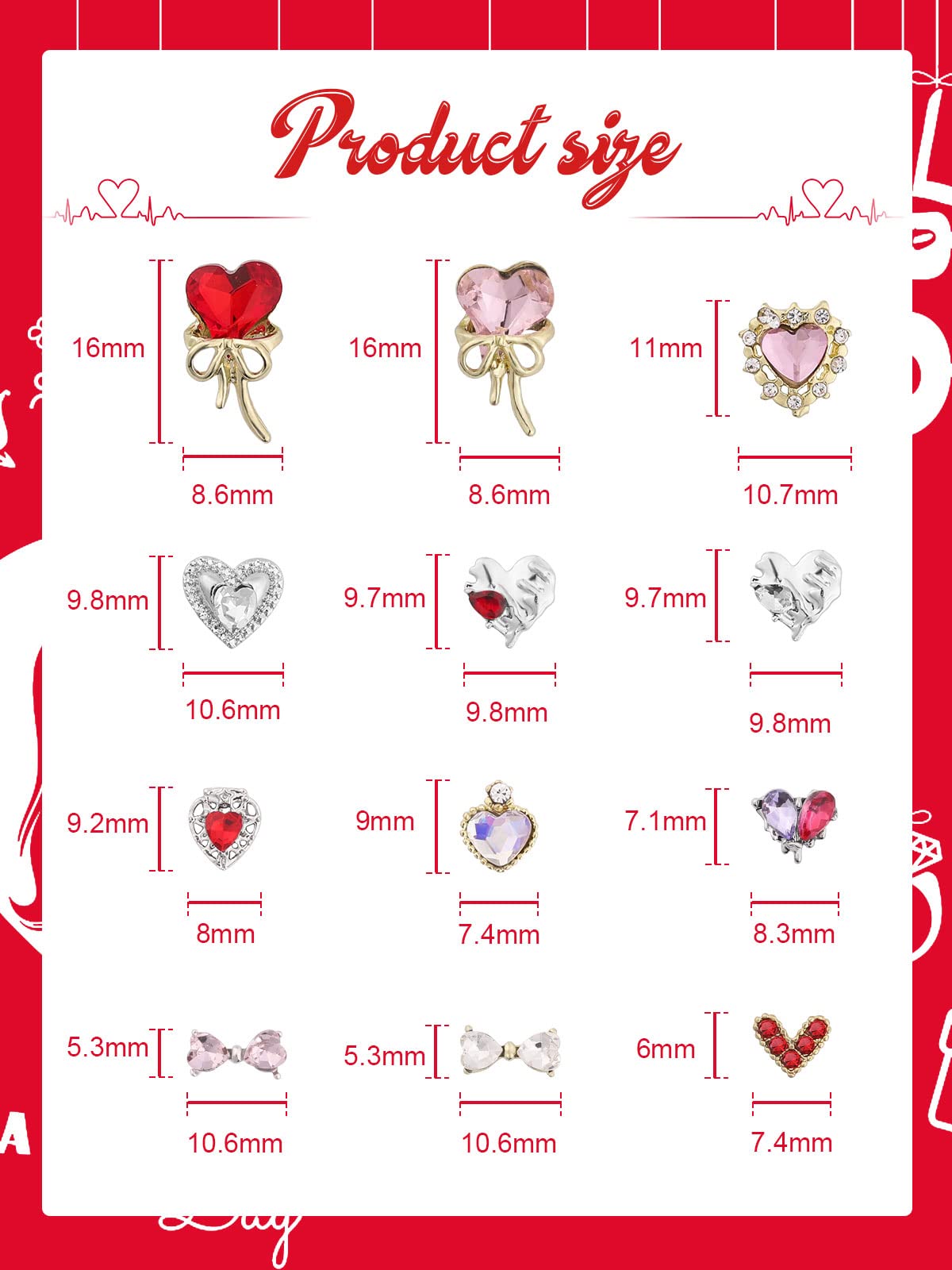 60PCS Heart Nail Rhinestones, Lorvain Metal Bows Diamond Charms for Makeup Nail Art Decorations 3D Romantic Alloy Nail Gems Hear