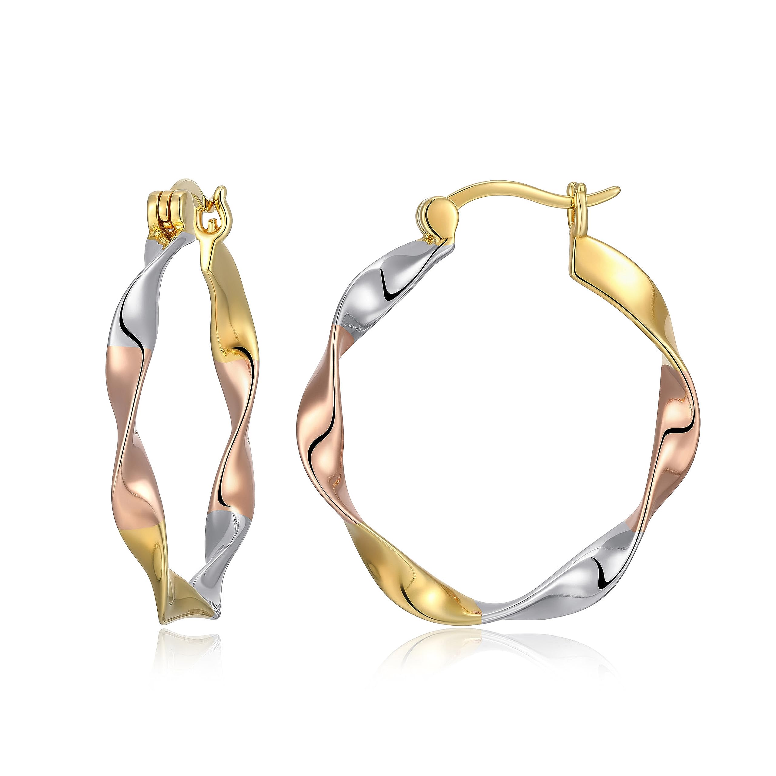 MORGAN & PAIGE .925 Sterling Silver Rhodium, 14K Rose Gold & 18K Yellow Gold Plated Three-Tone Twisted Silver Hoop Earrings for 