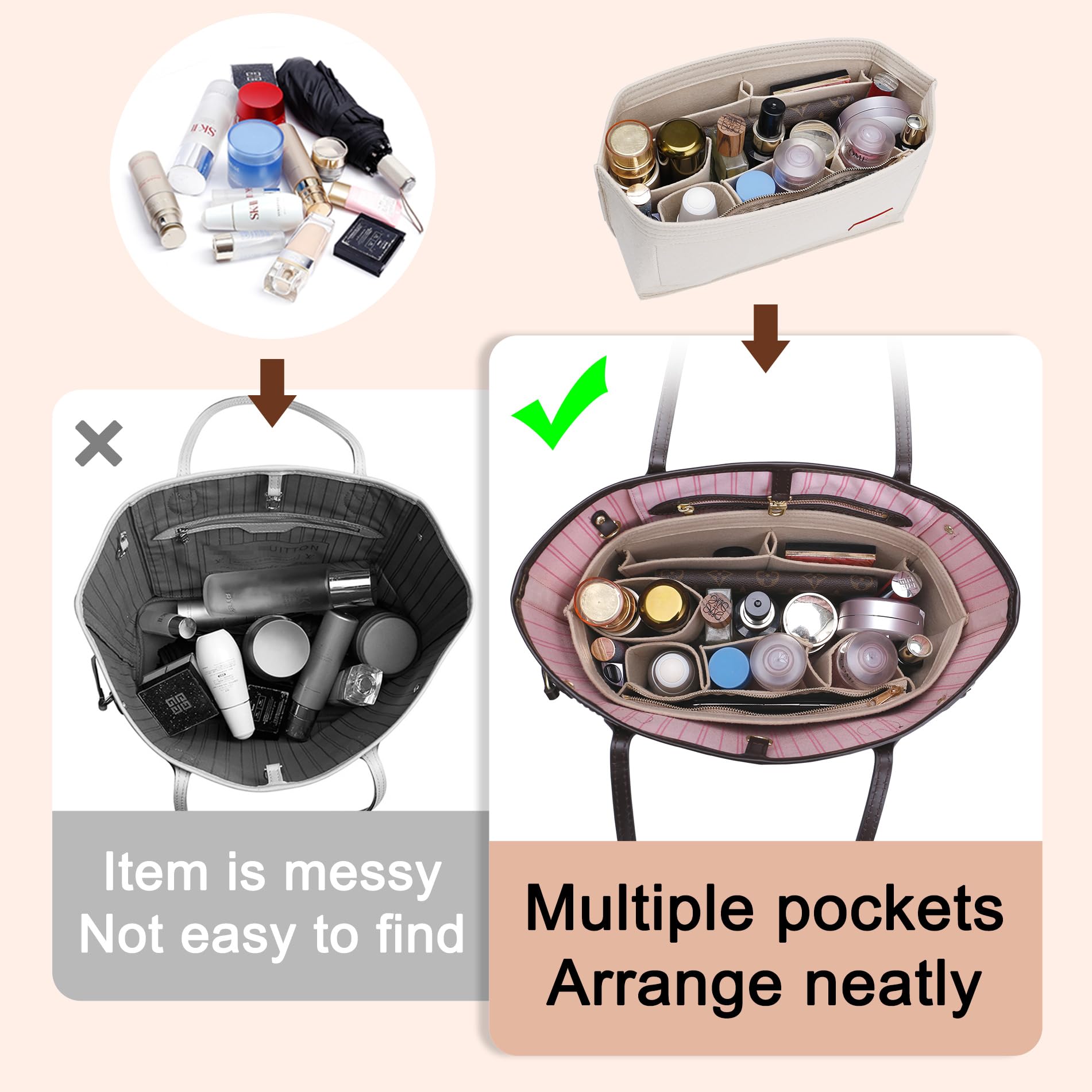 Doxo Purse Organizer Insert for Handbags & Base Shaper 2pc Set,Felt Organizer Insert Large Tote,Bag Organizer with Zipper 3 Size