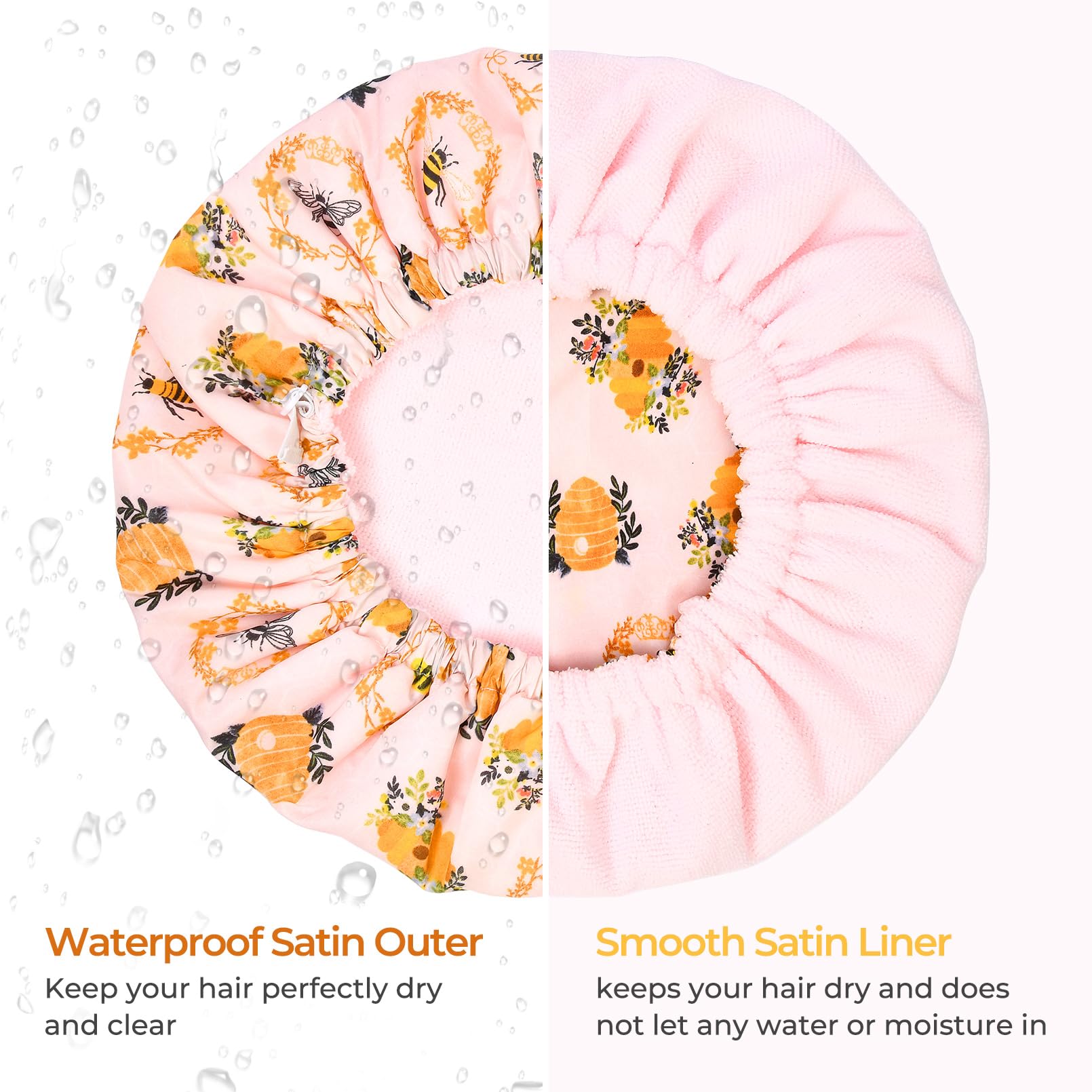 Shower Cap For Women Terry Lined Bee Bath Cap Large Reusable Waterproof Elastic Band Beekeeper Shower Caps For Long Thick Hair S