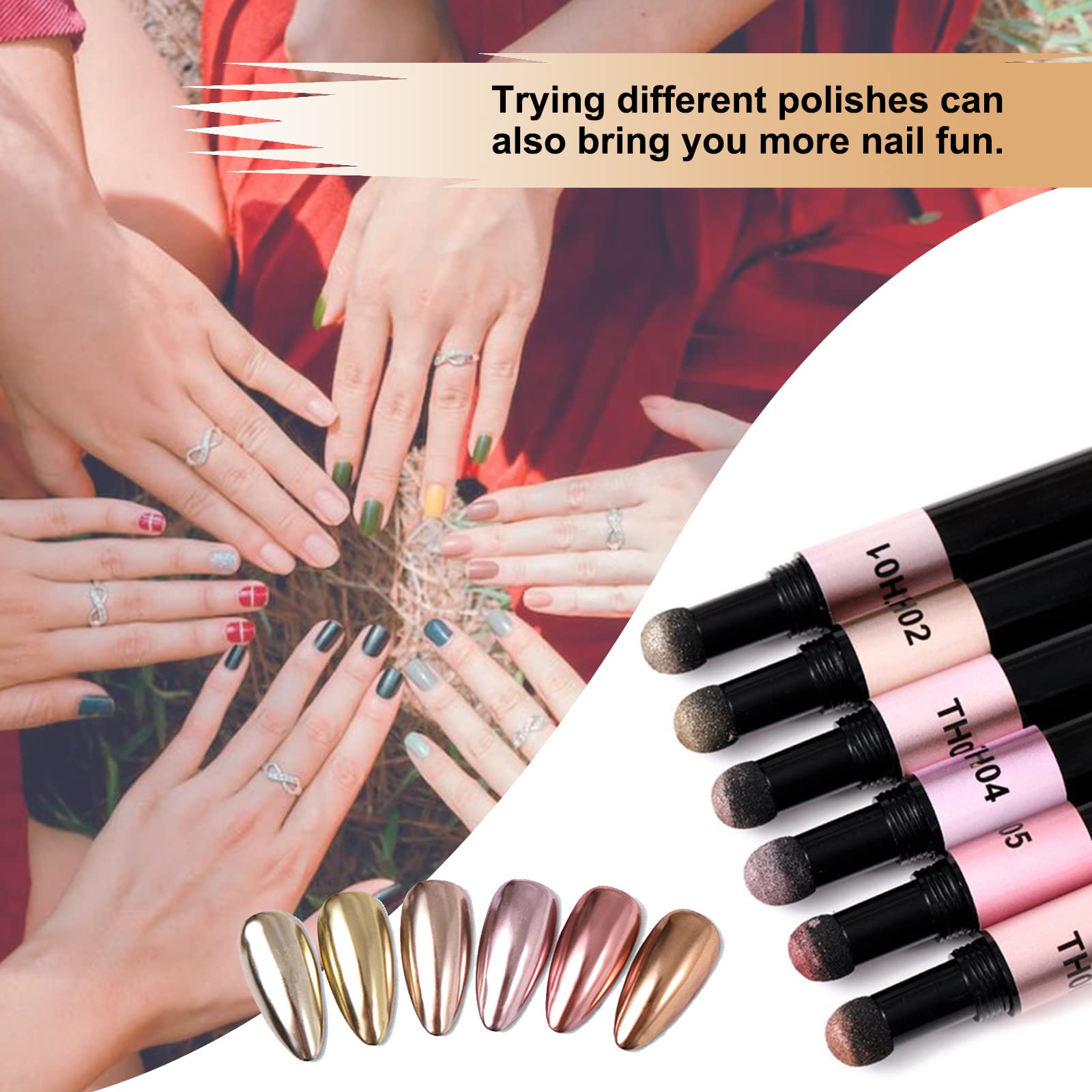 Rose Gold Chrome Nail Powder Pen,Roseflower 6 Pcs Metallic Nail Art Pigment Powder Pen Set, Shiny Nail Glitter Powder Air Cushio