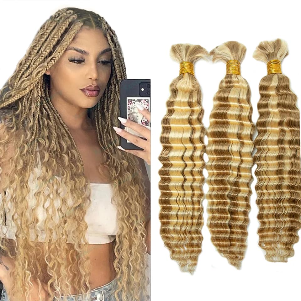 P27/613 Blonde Human Braiding Hair For Boho Braids 3 Bundles 14 14 14 Inch Deep Wave Bulk boho Human Hair for Braiding hair Knot