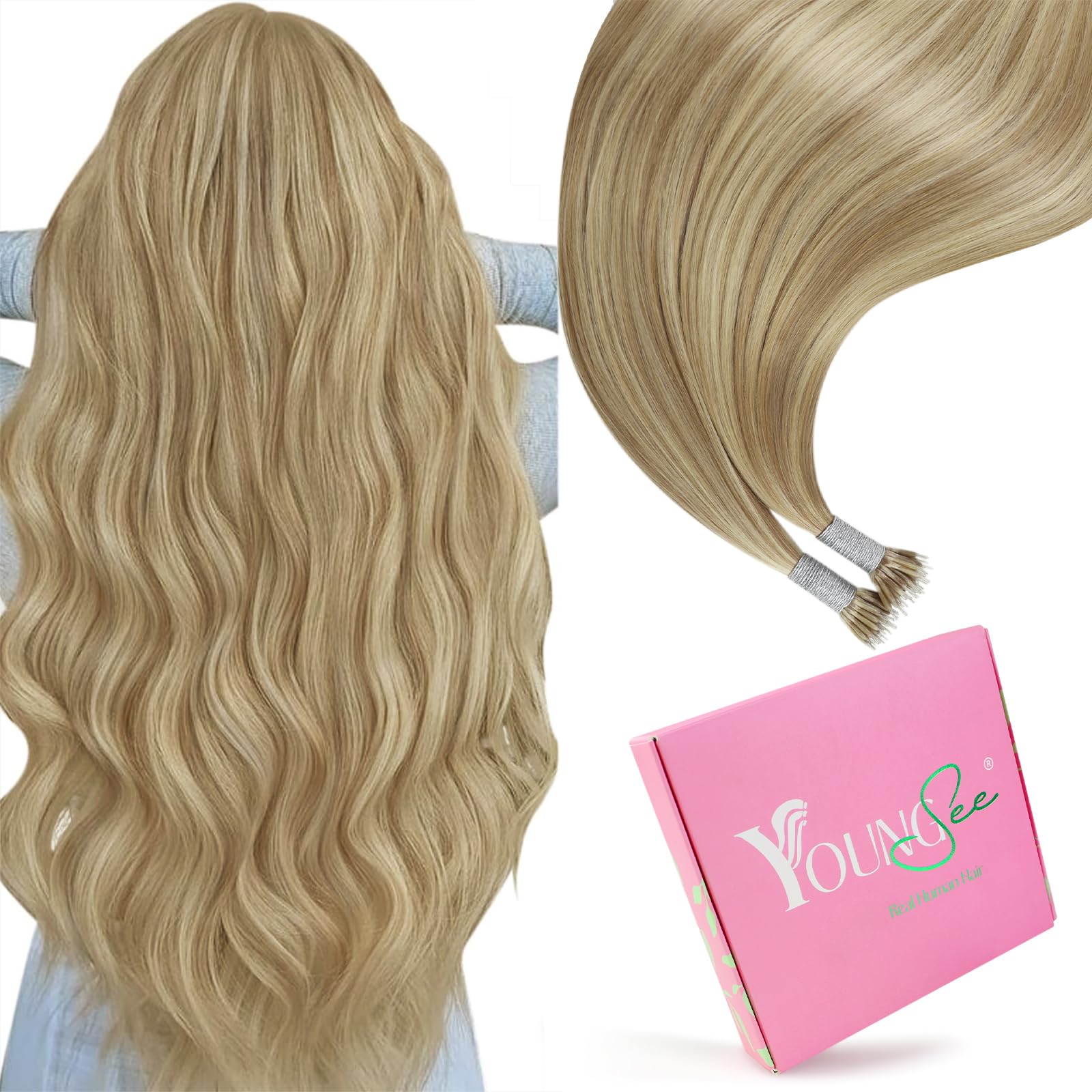 YoungSee Nano Bead Hair Extensions Human Hair Blonde Nano Tip Hair Extensions Warm Ash Blonde Highlights Bleach Blond Nanoring H
