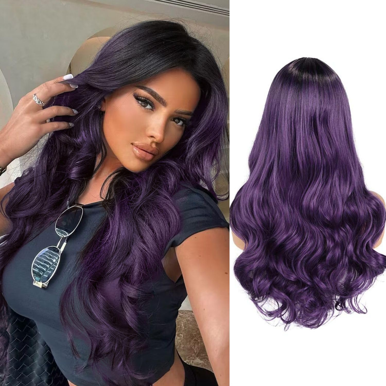 WIGER Long Curly Wavy Wigs Long Ombre Purple Wigs Ombre Dark Purple Wavy Hair 26 Inch Middle Part Synthetic Colored Wigs for Wom