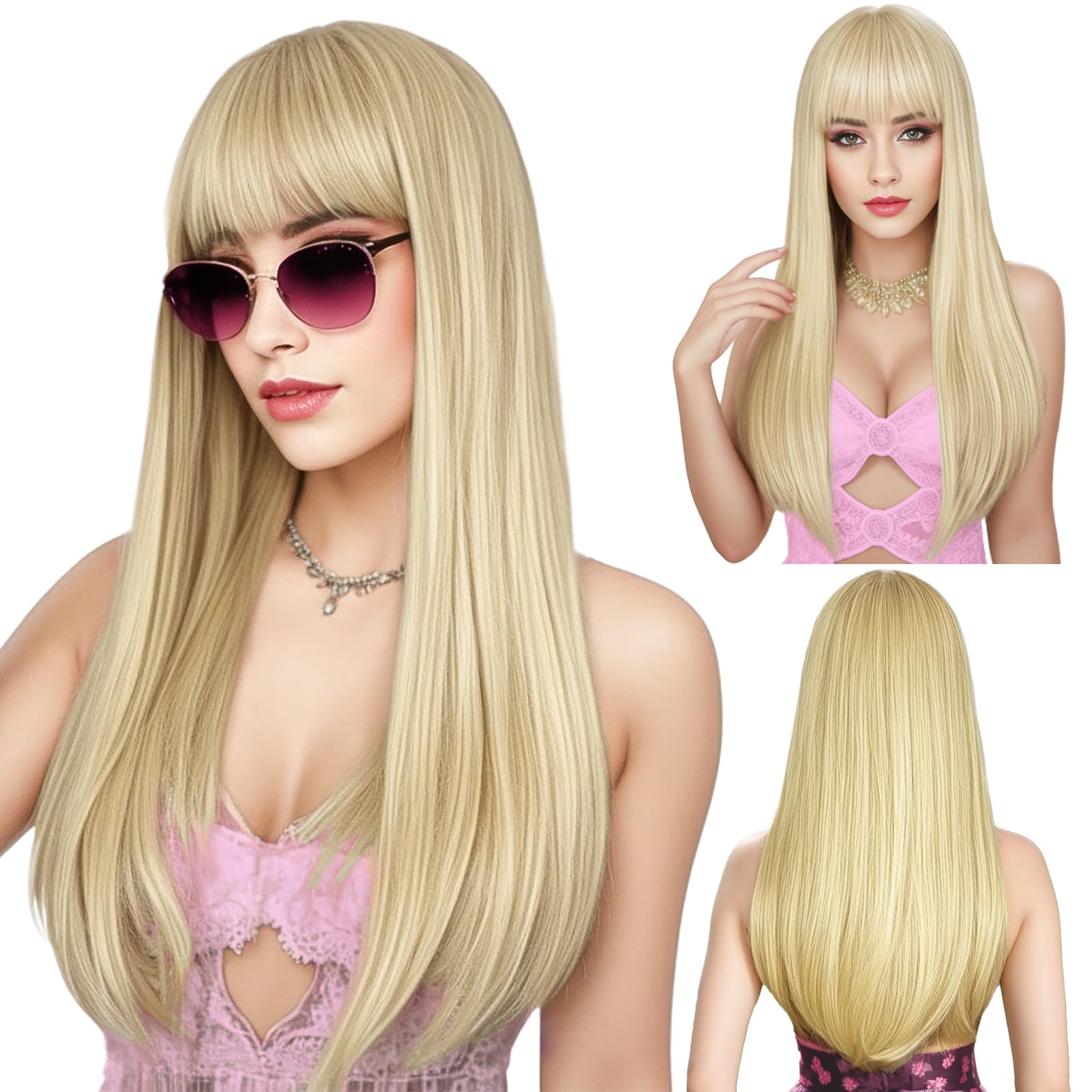 ENTRANCED STYLES Blonde Wig with Bangs, Long Straight Wigs for Women Natural Hair Wigs Synthetic Blonde Wigs for Girls Daily Par