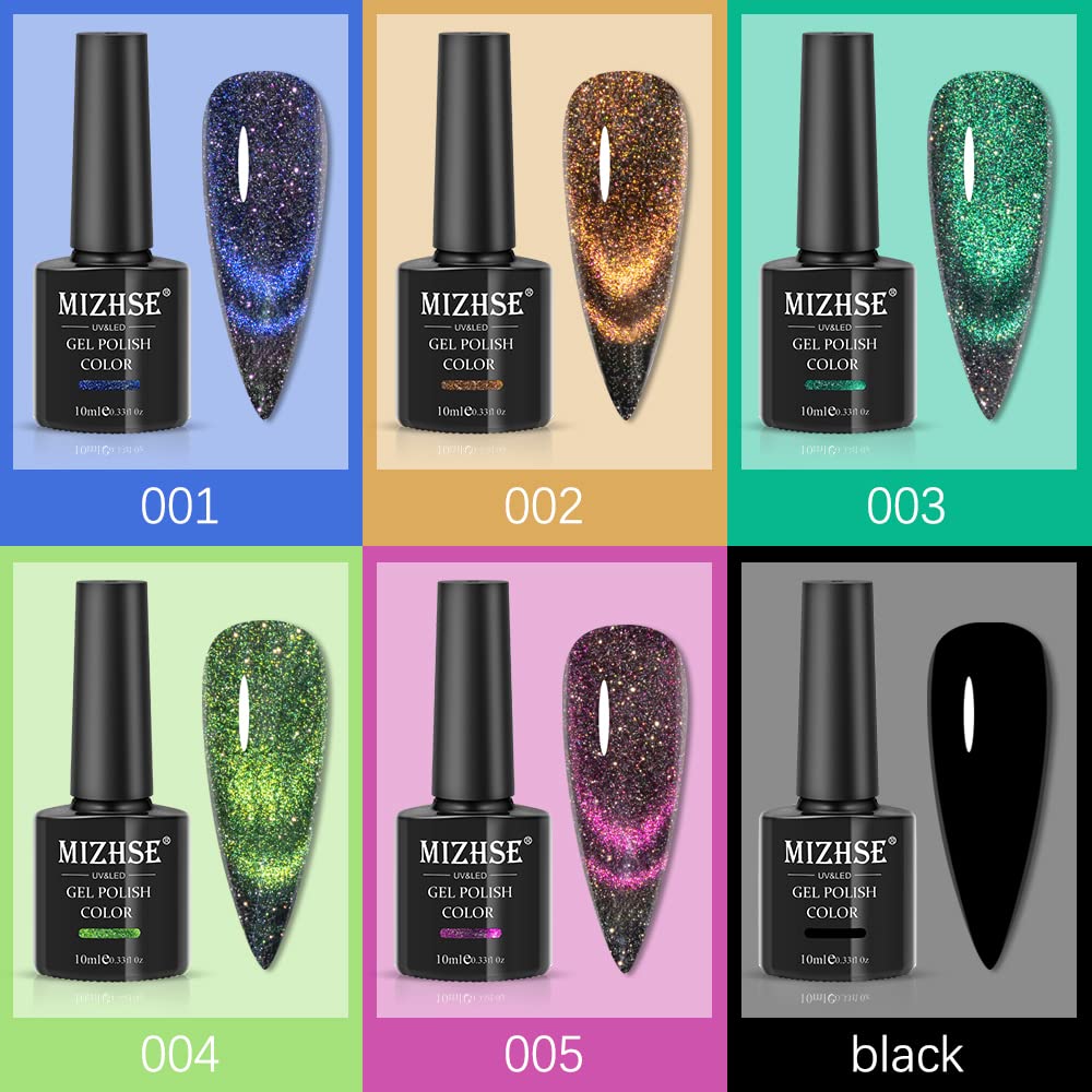 Mizhse Reflective 9D Cat Eye Gel Nail Polish, Galaxy Holographic Magnetic Gel Polish Set With Chameleon Effect Soak Off Gel Nail