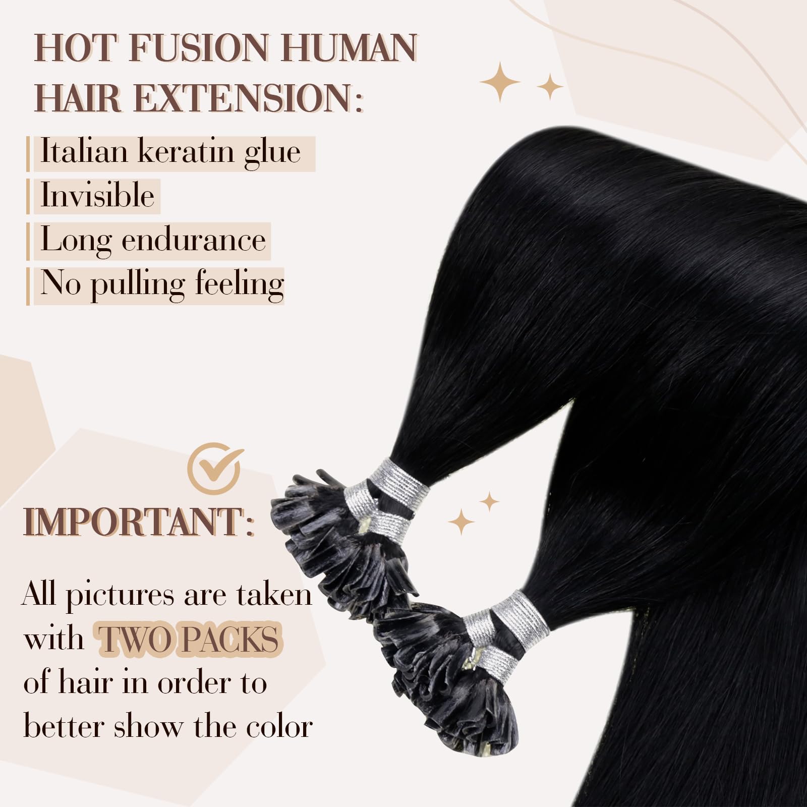 Hetto K Tip Hair Extensions Real Human Hair Invisible Utip Hair Extensions Human Hair Pre Bonded Keratin Hair Extensions #1 Jet