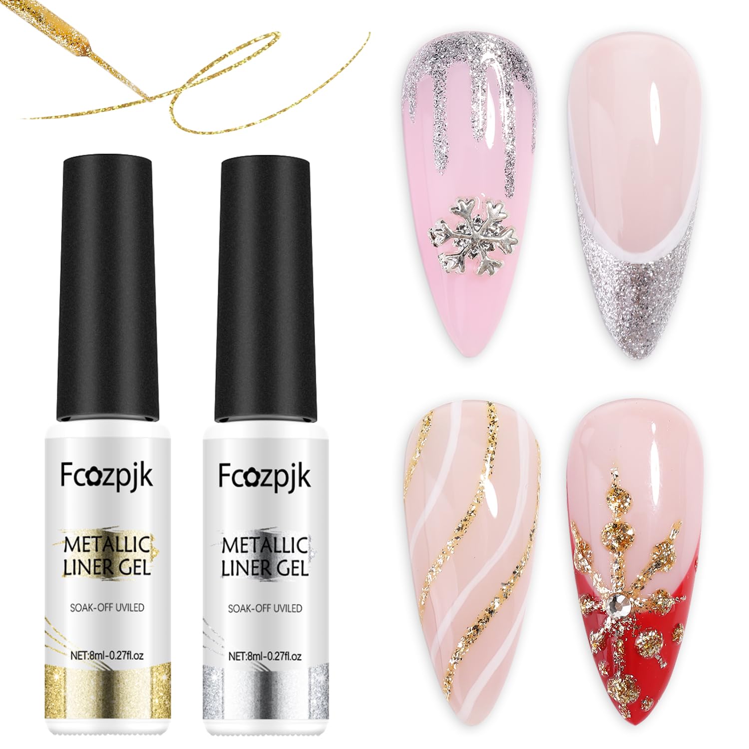 Fcozpjk Gel Liner Art Set 2PCS Sparkle Glitter Silver Gold Gel Polish 8ml Soak Off UV Painting with Built in Thin Nail Brush Swi