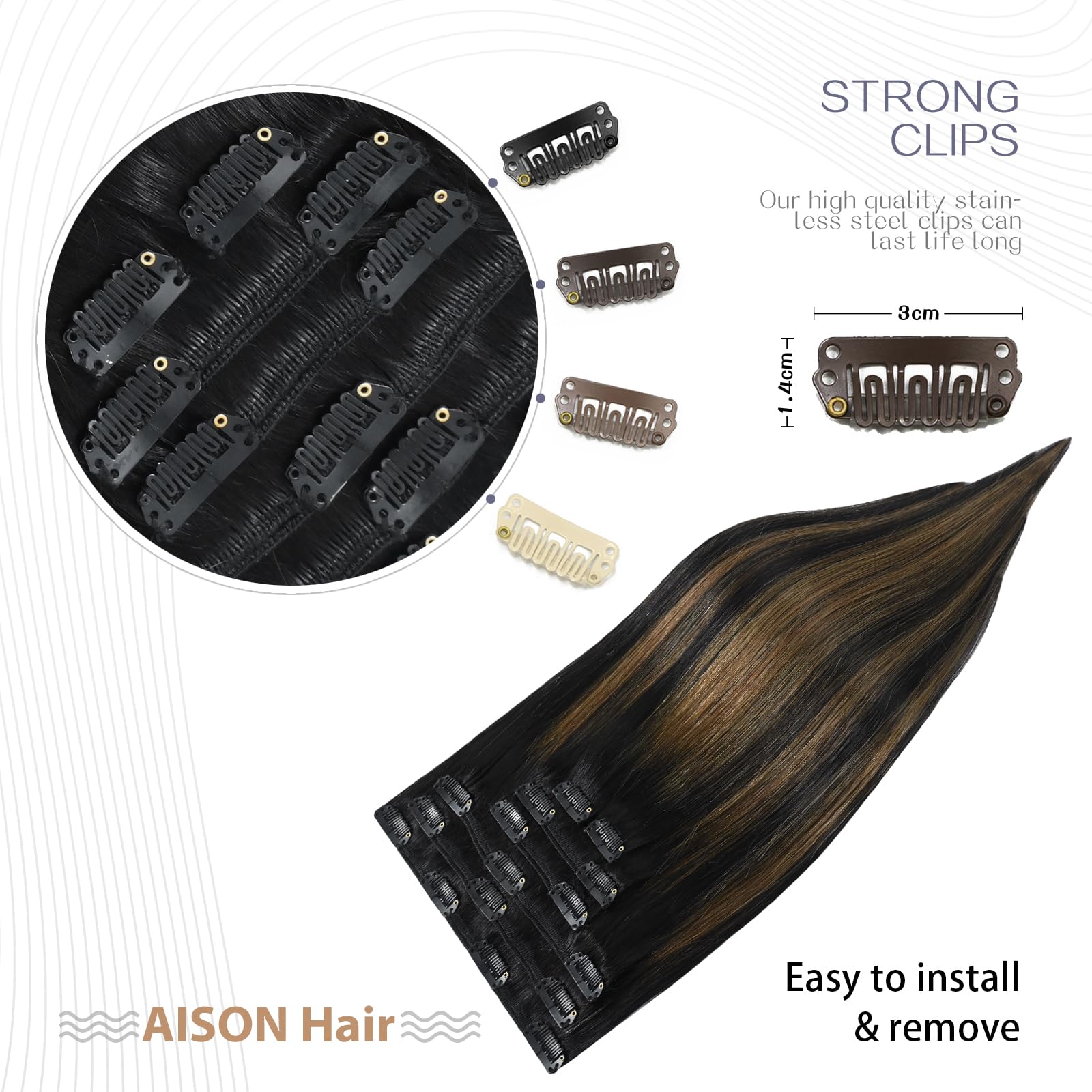 Aison Clip in Hair Extensions Real Human Hair 70G Natural Black to Chestnut Brown 100% Remy Human Hair Soft Silky Straight 7pcs