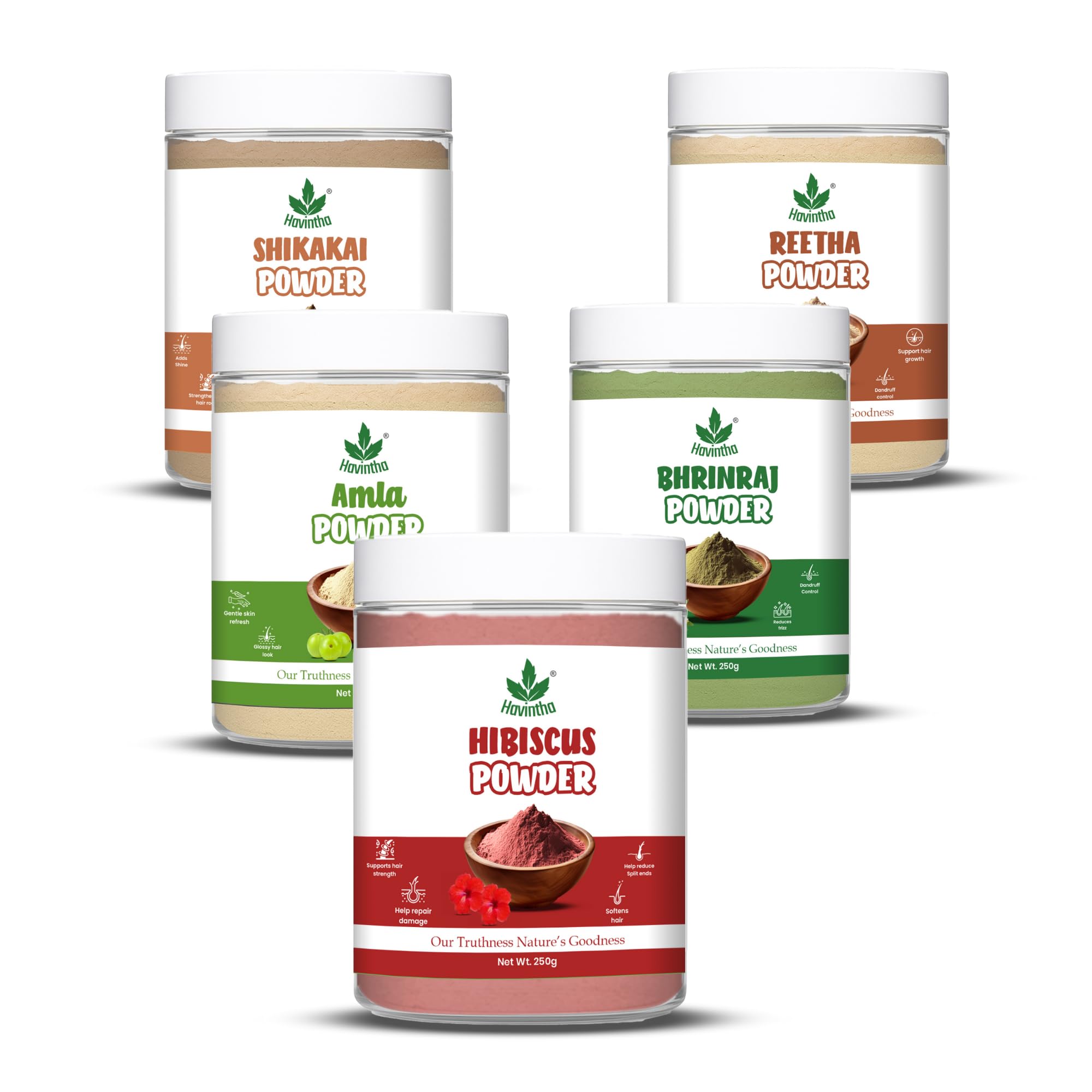 Havintha Amla Reetha Shikakai Bringraj & Hibiscus Powder For Hair  Each 250Grams (Combo Pack Of 5)
