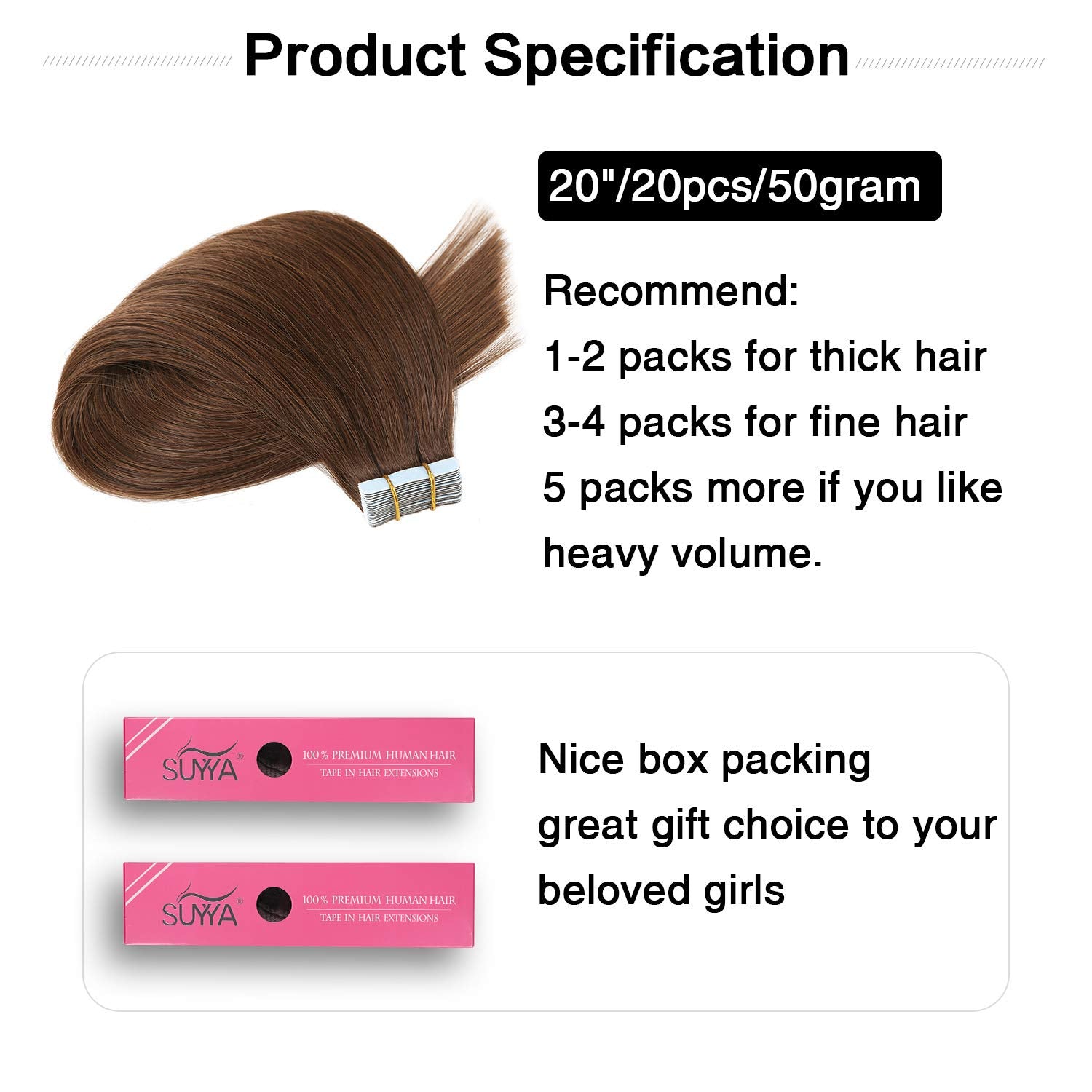 Suyya Tape In Hair Extensions Chocolate Brown 100% Remy Human Hair 20 Inches 20Pcs 50G/Pack Straight Seamless Skin Weft Tape Hai