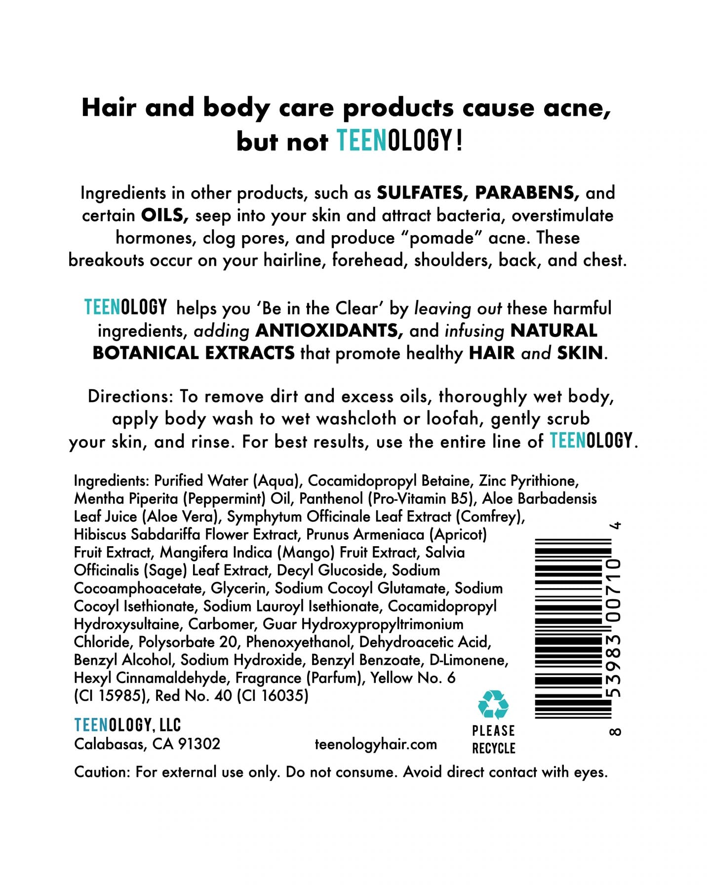 Teenology Body Wash for Teens - Avoid Body Acne and Breakouts - Sulfate and Paraben Free, Natural Botanical Extracts (Tropical O