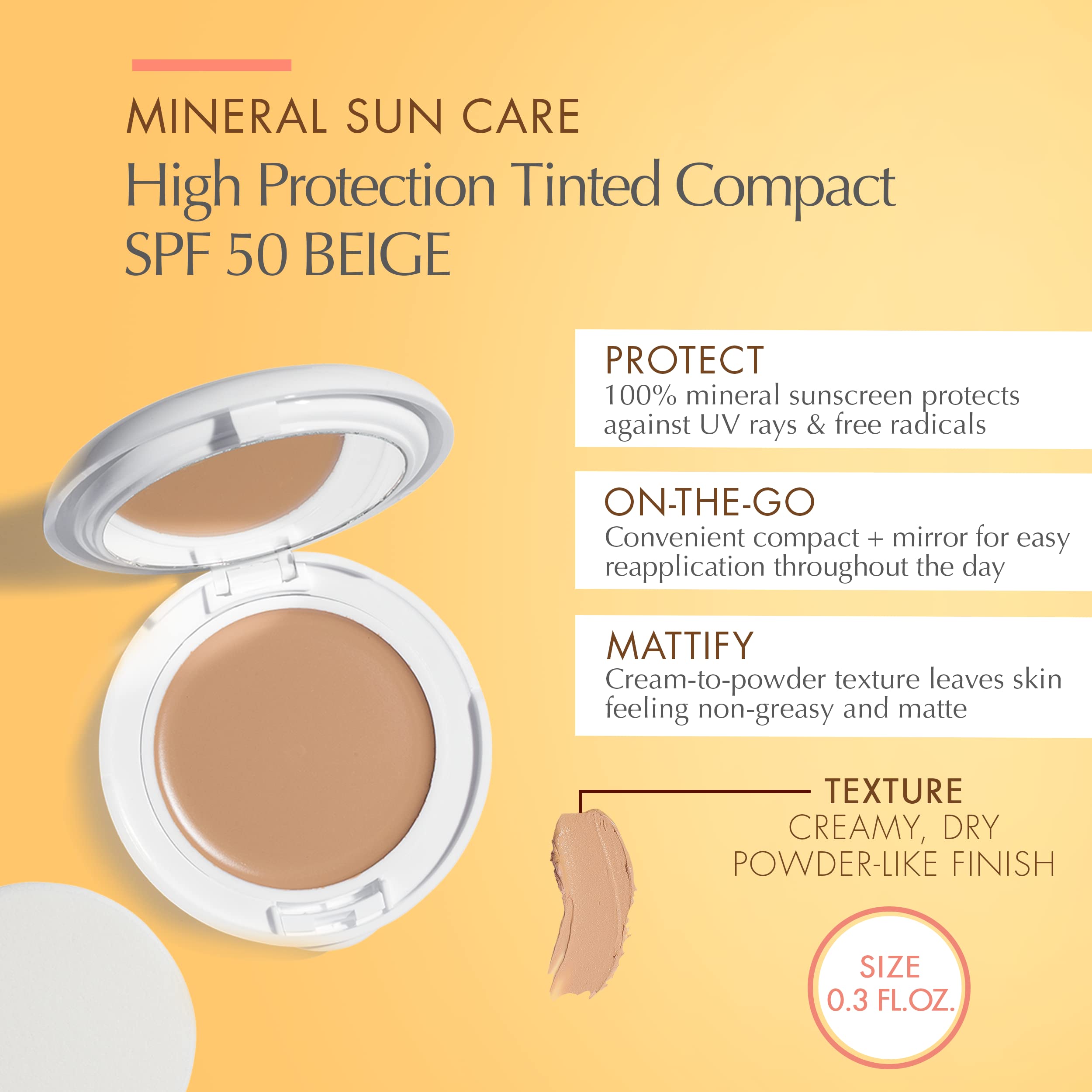 Eau Thermale Avane Mineral High Protection Beige Tinted Compact, Broad Spectrum Spf 50 - Uvauvb Blue Light Protection - Net Wt 0