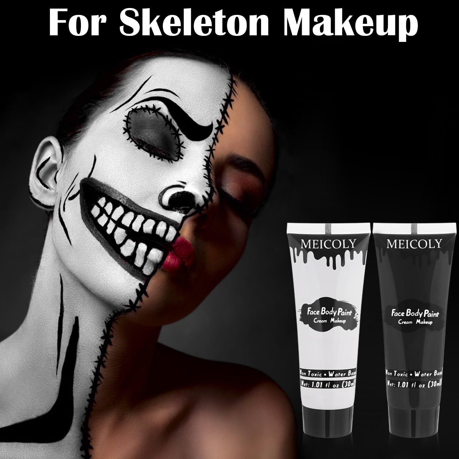 Meicoly Black White Face Body Paint With Sponges,Water Based Face Paint For Adults And Kids,Cream Body Paint,Face Painting For C