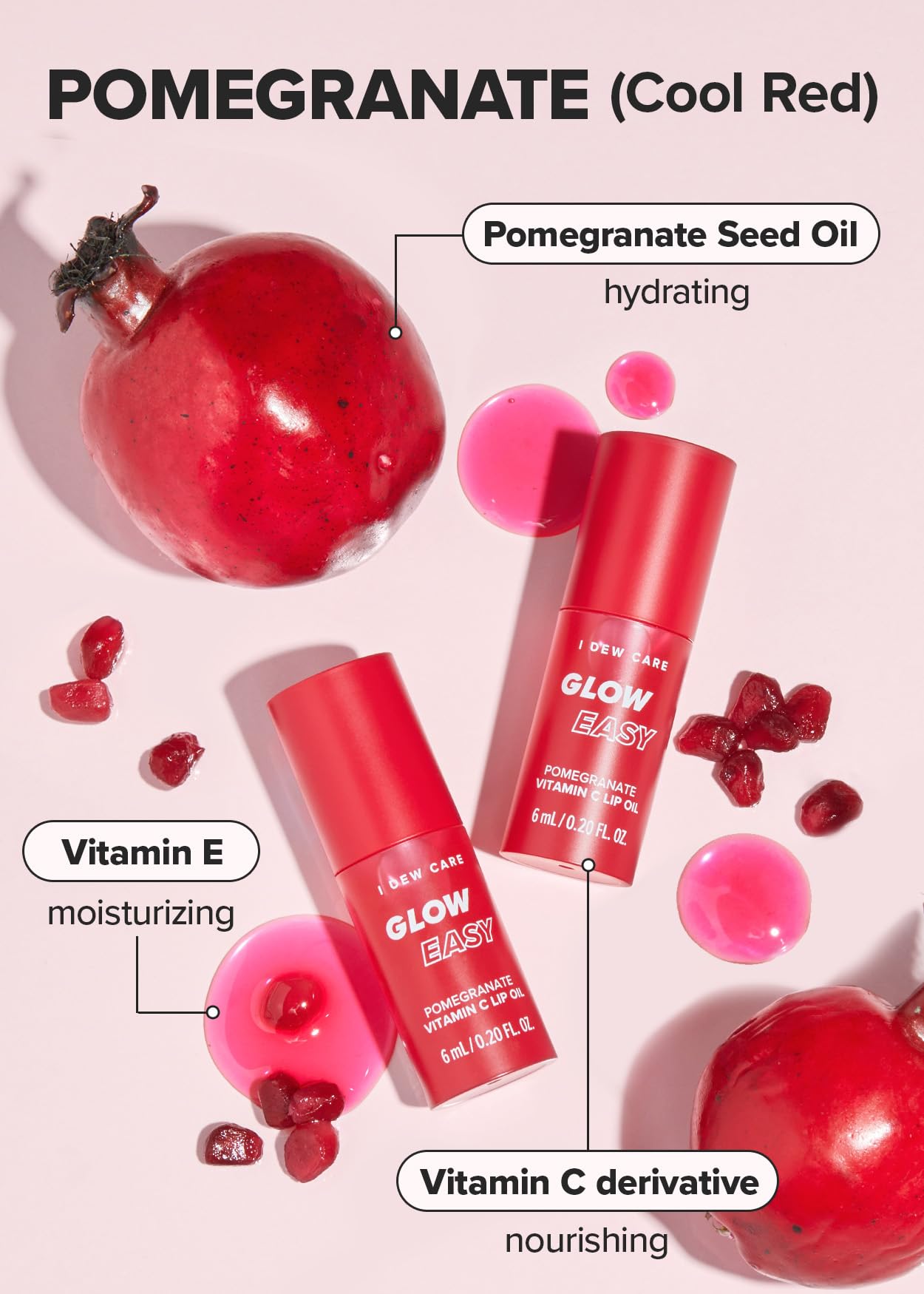 I Dew Care Korean Lip Oil - Glow Easy Pomegranate | Vitamin C Lip Oil, Pigmented Glossy Lip Oil, Hydrating, Korean Makeup, Tinte