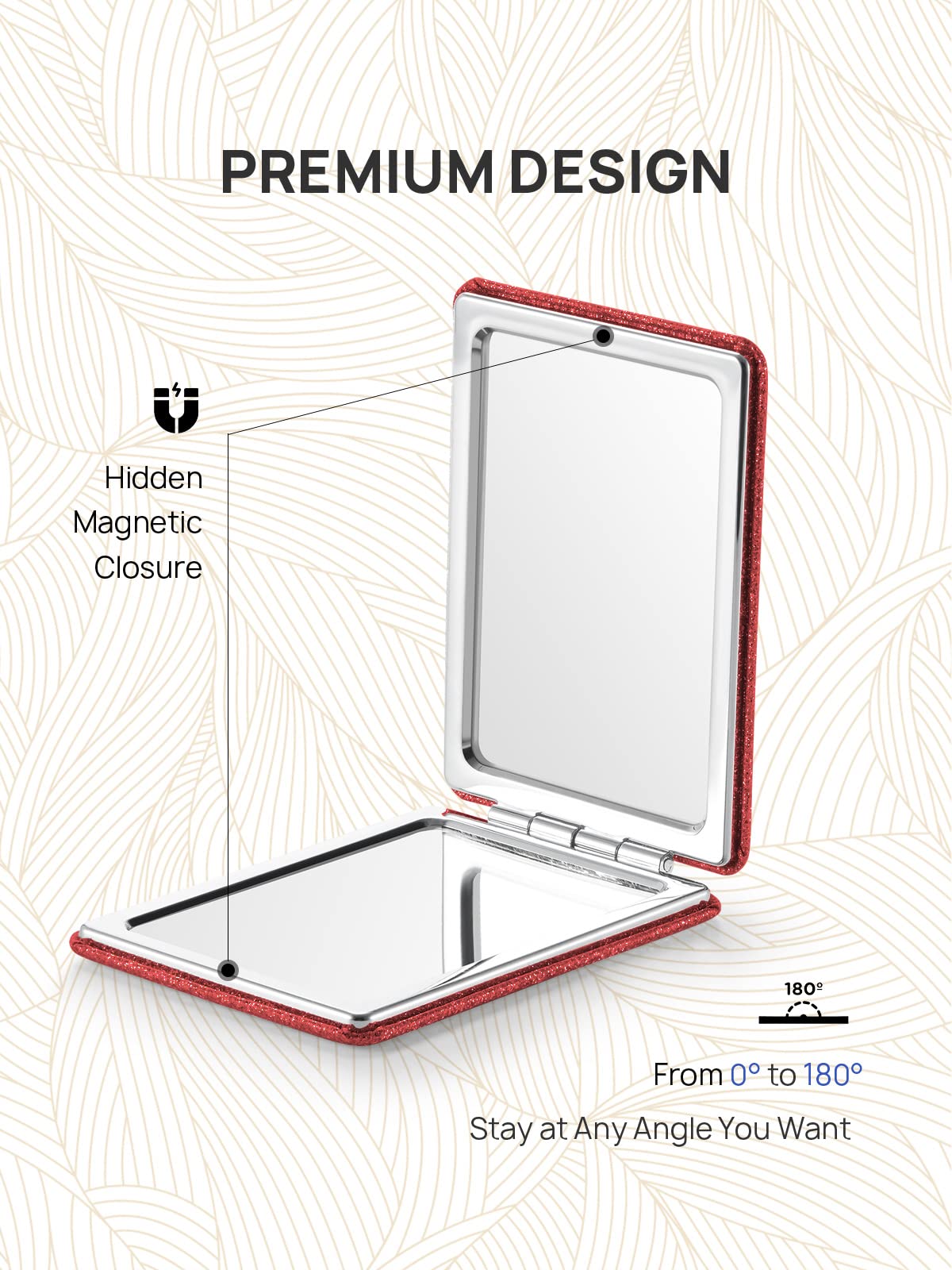 Omiro Compact Mirror, Glitter Pu Leather 1X/3X Magnification, Ultra Portable For Purses, 2.4'' W X 3.4'' L (Red)