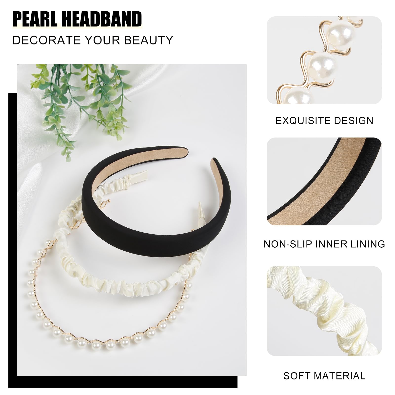3Pcs Black Head Bands, Fashion Headbands For Women Non Slip Wide Head Bands For Women'S Hair Pearl Headband Trendy Padded Headba