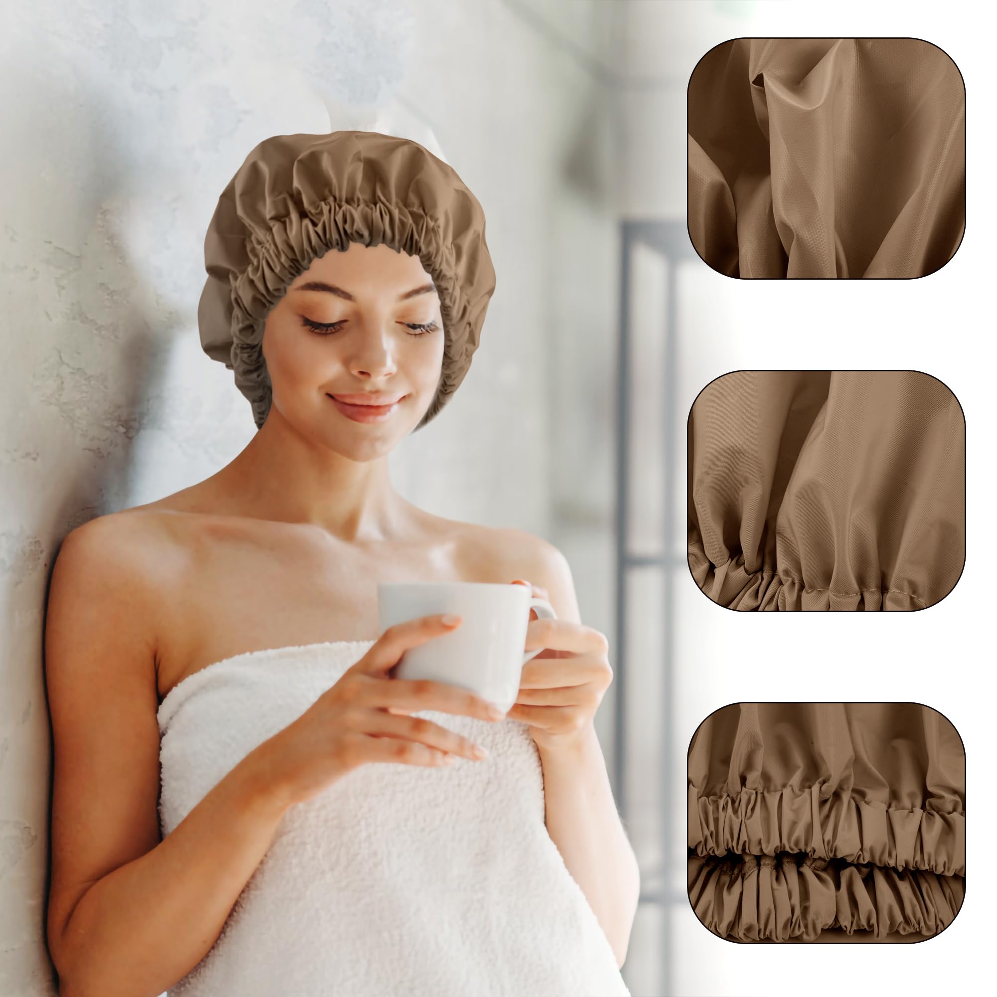 Reusable Shower Cap For Women, Large Waterproof Shower Bonnet Washable Elastic Band Bath Hair Hat For Long Hair, Braids(Brown)