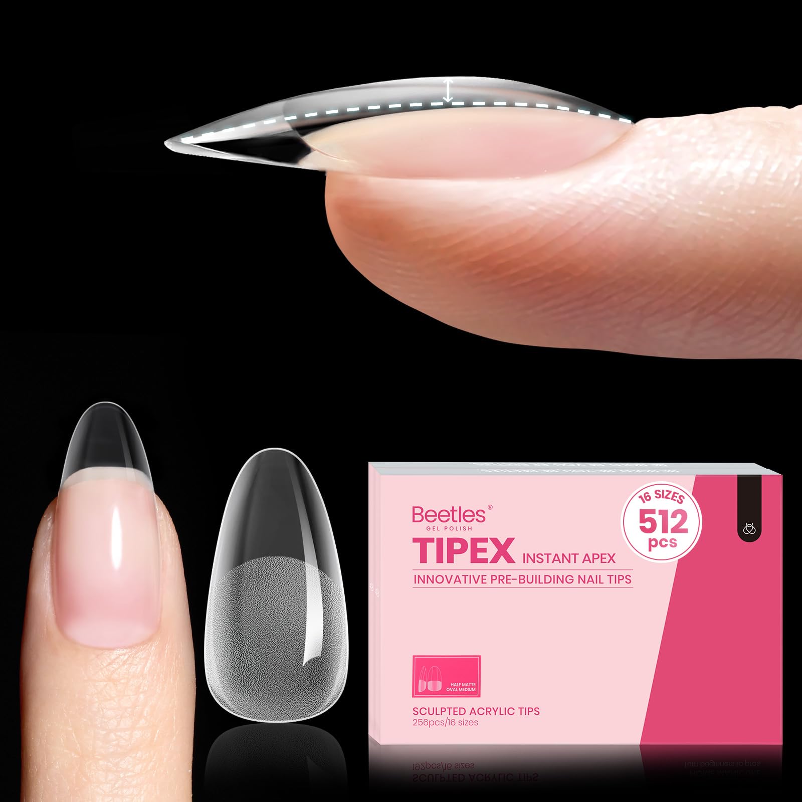 Beetles Tipex Instant Apex Nail Tips, 512Pcs Oval Medium Pre-building Pre-Sculpted and Pre-etched Acrylic Nail Tips Full Cover P