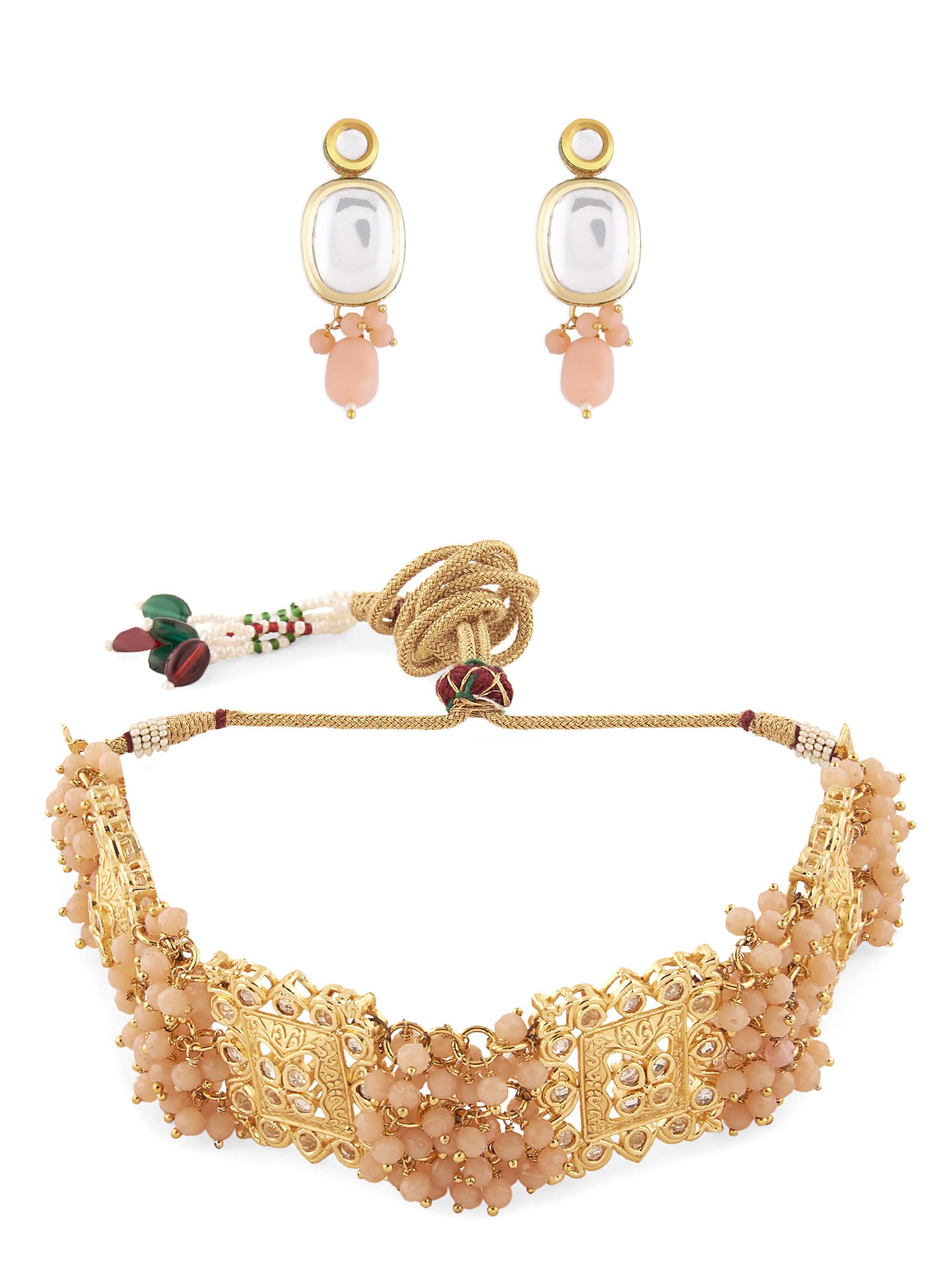 Zaveri Pearls Peach Cluster Beaded Choker Necklace & Earring Set For WomenZpfk13578