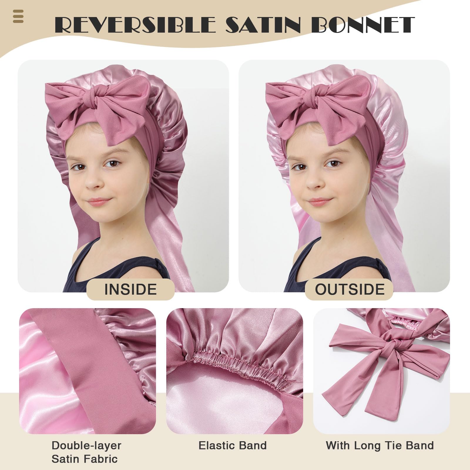 Kids Long Hair Bonnet For Sleeping - Double Layer Girls Elastic Satin Bonnet With Tie Band For Braid Curly Hair (Rose Gold+Pink)