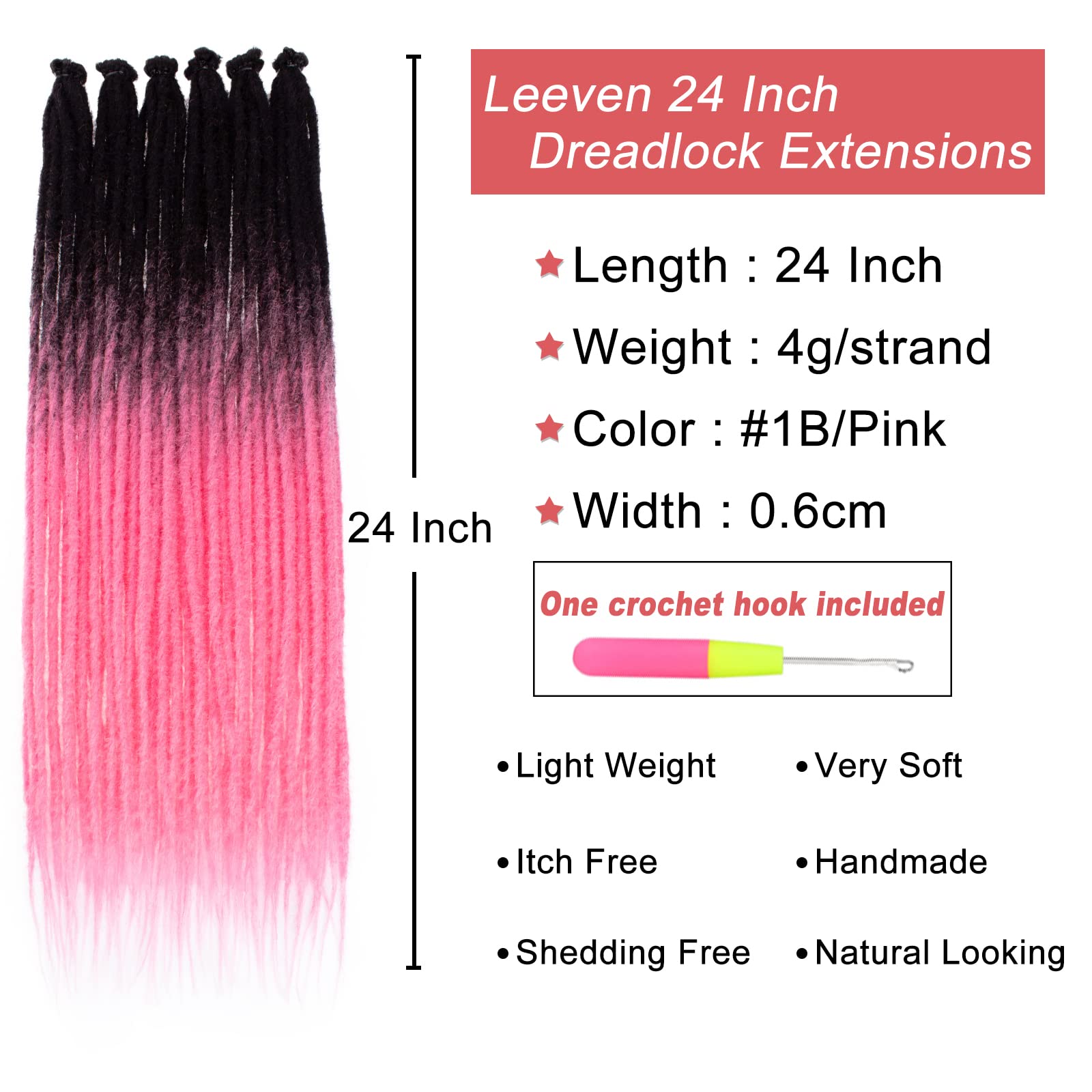 Leeven Synthetic Dreadlock Extensions 40 Strands 24 Inch Single Ended Ombre Pink Crochet Dreads Extensions 0.6 cm Width Handmade