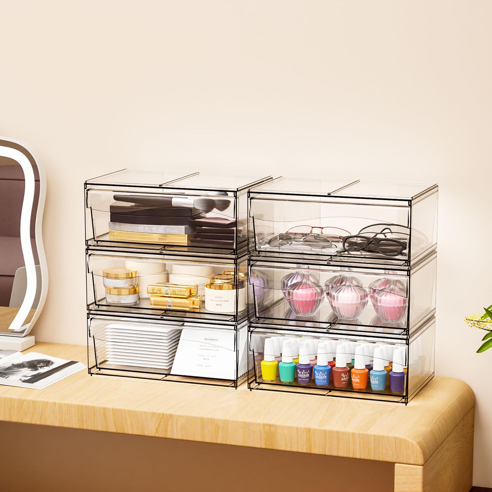 2 Pack Clear Stackable Storage Drawers,12 W Large Bathroom Makeup Organizer and Pen,Sunglass,Medicine,Baby Bottle Organizer,Plas