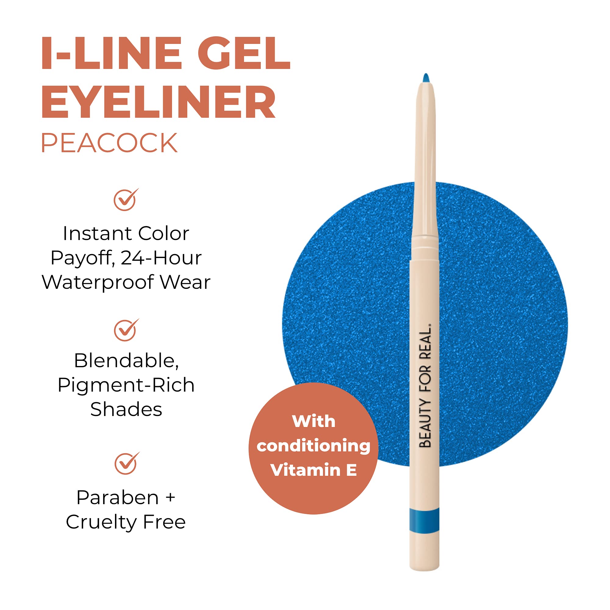 Beauty For Real I-Line 24-7 Eyeliner, Peacock - Rich, Brilliant Blue - Long-Wearing, Waterproof Gel Formula - Safe For Sensitive