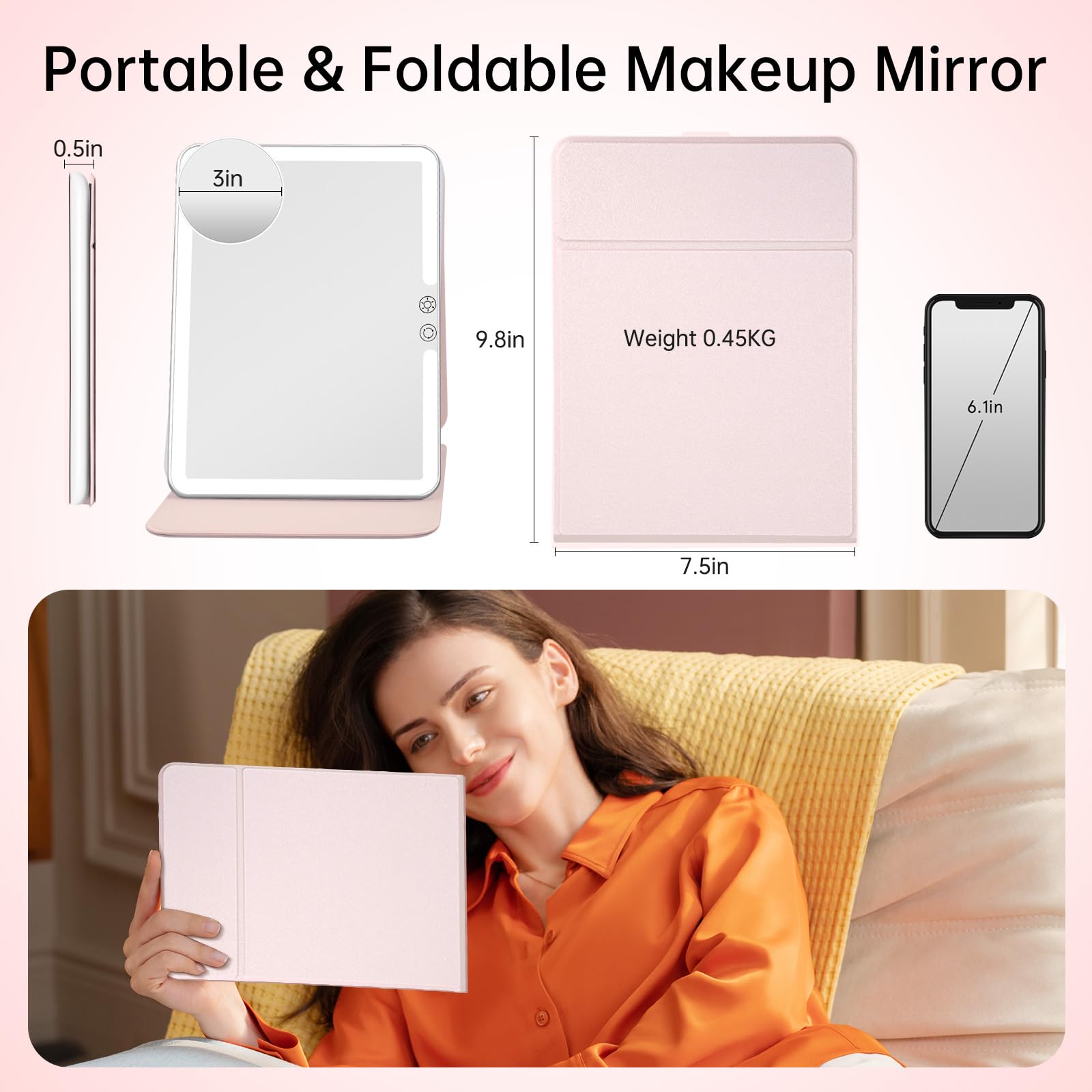 Funtouch 2500Mah Large Rechargeable Travel Makeup Mirror With Lights, Portable Makeup Mirror With 10X Magnifying Mirror 3 Lighti