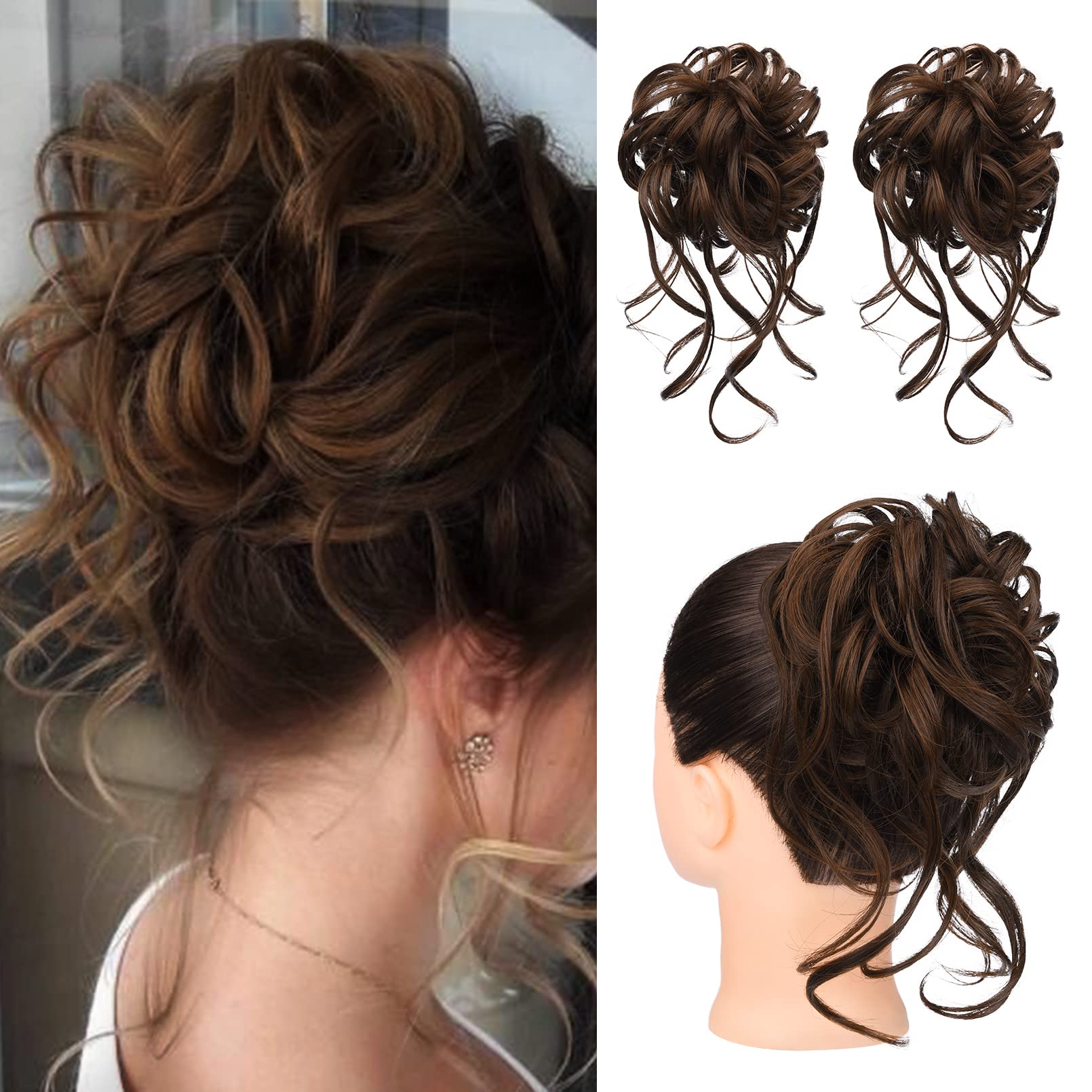 HOOJIH Messy Bun Hair Piece, 2PCS Tousled Updo with Tendrils Hair Bun Extensions Wavy Curly Hair Wrap Ponytail Hairpieces Hair S