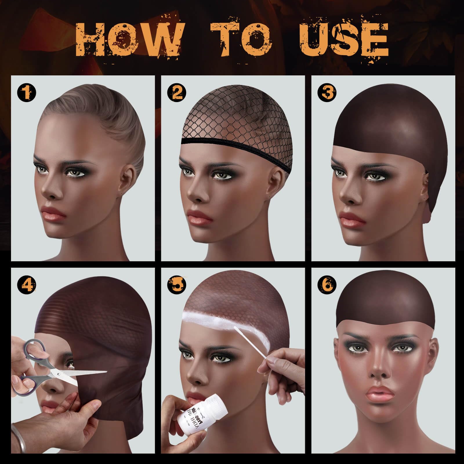 Paminify Dark Brown Bald Cap Sfx Makeup Kit,Black Wig Cap With Professional Skin Water-Based Acrylic Adhesive(Bonding Glue) For