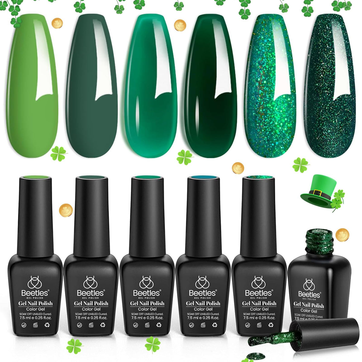Beetles Carnival Evergreen Green Gel Nail Polish Set 6 Pcs Glitter Green Sparkle Gel Polish Kit Soak Off Uv Nail Lamp Avocado Da