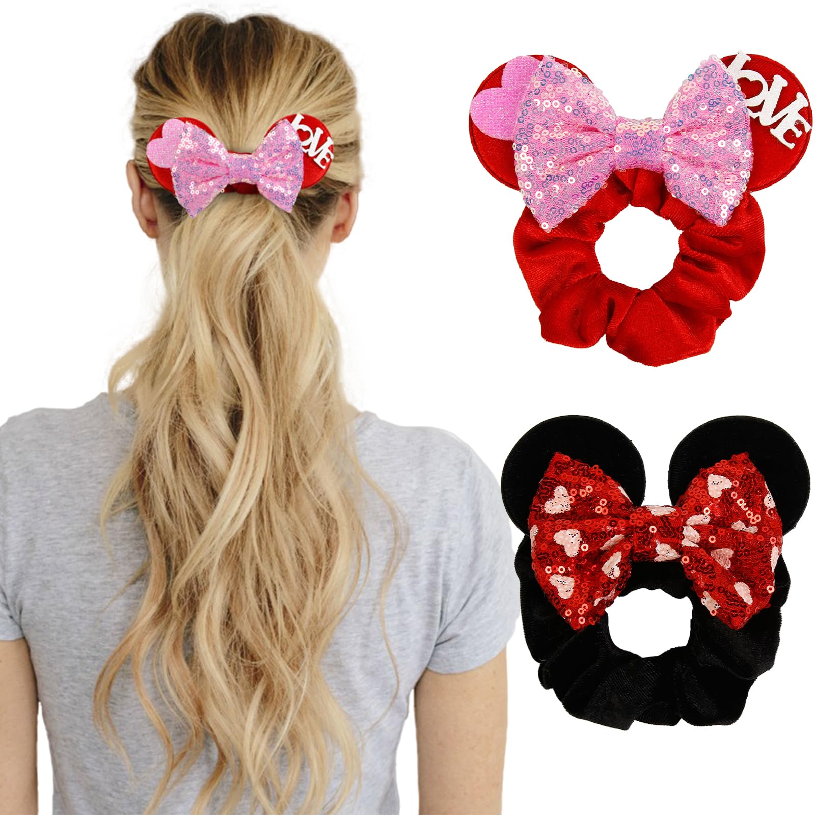 Mouse Ear Hair Scrunchies for Women, Sequins Hair Bow Scrunchies Velvet Mouse Ears Hair Ties for Ponytail Party Favors Cute Hair