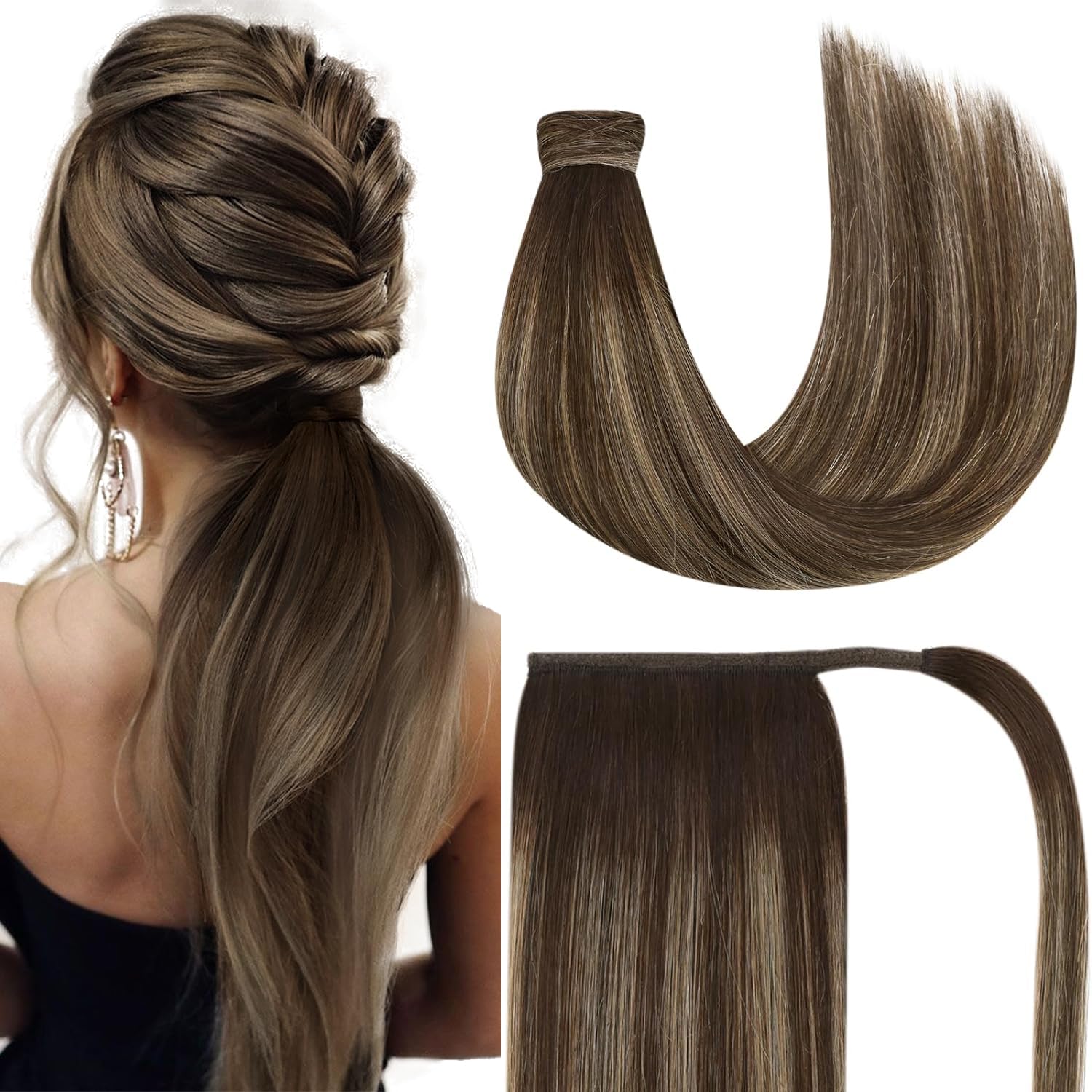 Ve Sunny 14'' Ponytail Hair Extension, Real Human Hair, Wrap Around, Dark Brown Balayage Caramel Blonde, 80g