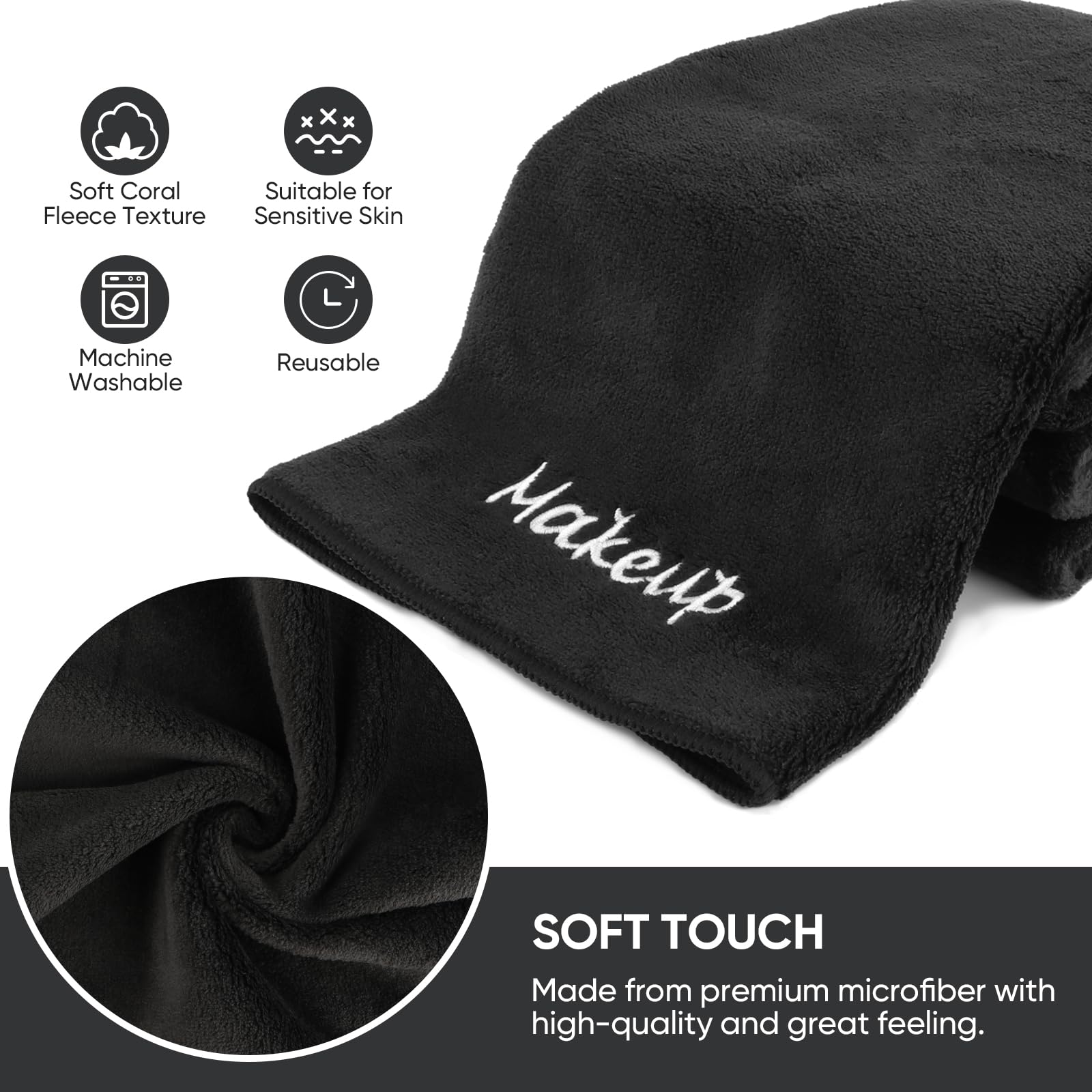 Unimade Makeup Remover Cloths, 48 Pack Black Facial Wash Cloths, Soft Coral Fleece Microfiber Face Towels For Face, Hand, And Ba