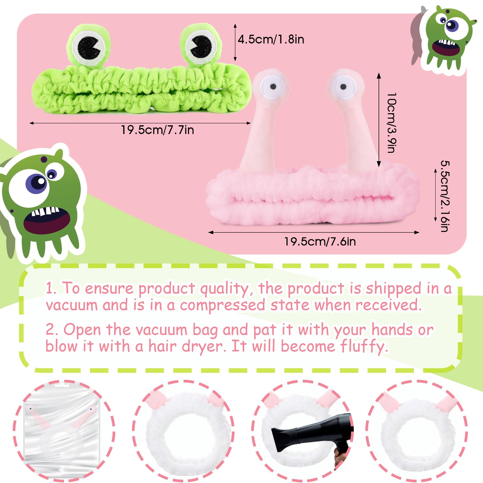Molain 2Pcs Fog Headband Face Wash Headband, Spa Hair Bands Makeup Headbands Women Cartoon Cute Coral Fleece Elastic Headband Cr