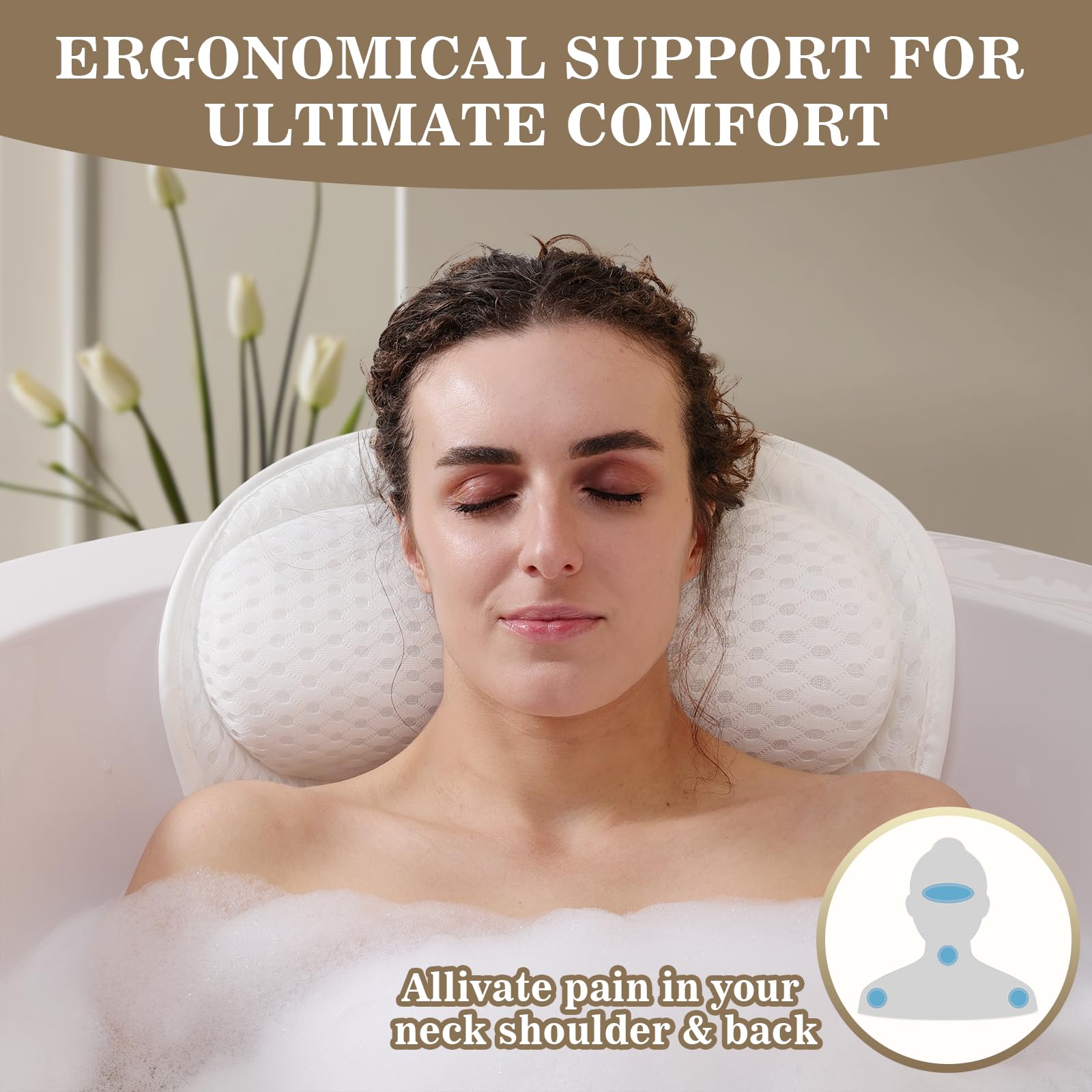 Bath Pillow Luxury Bathtub Pillow, Extra Soft & Comfortable Bath Pillows For Tub Head Neck And Back Support, With 4D Air Mesh Cu