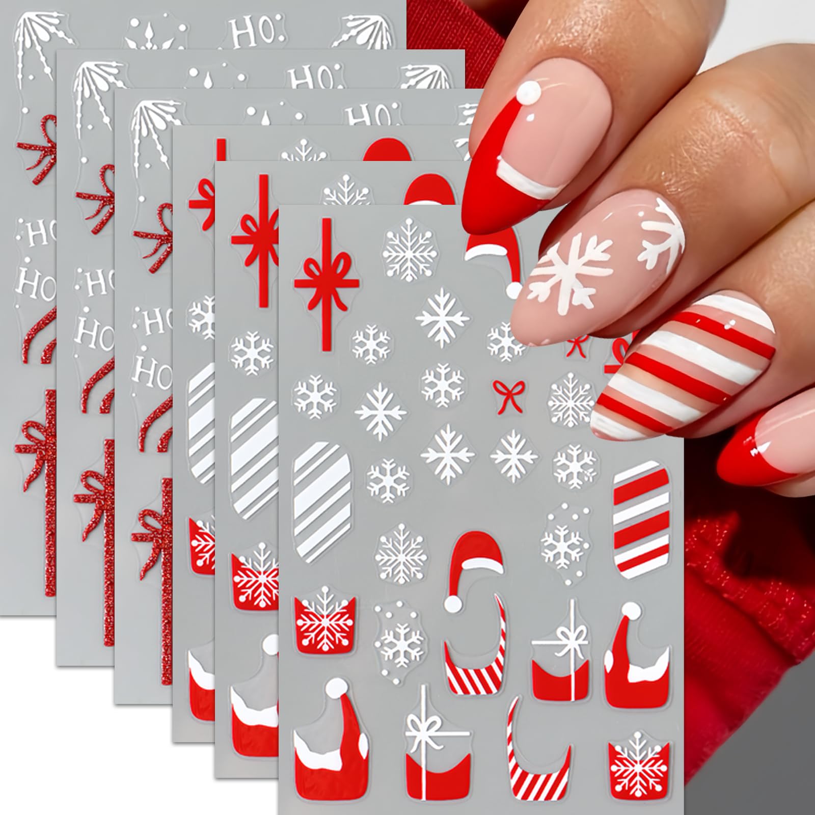 6Sheets Christmas Nail Stickers Xmas French Santa Hat Snowflake Gift Bow Nail Art Sticker Red French Glitter Nail Decal Snowflak
