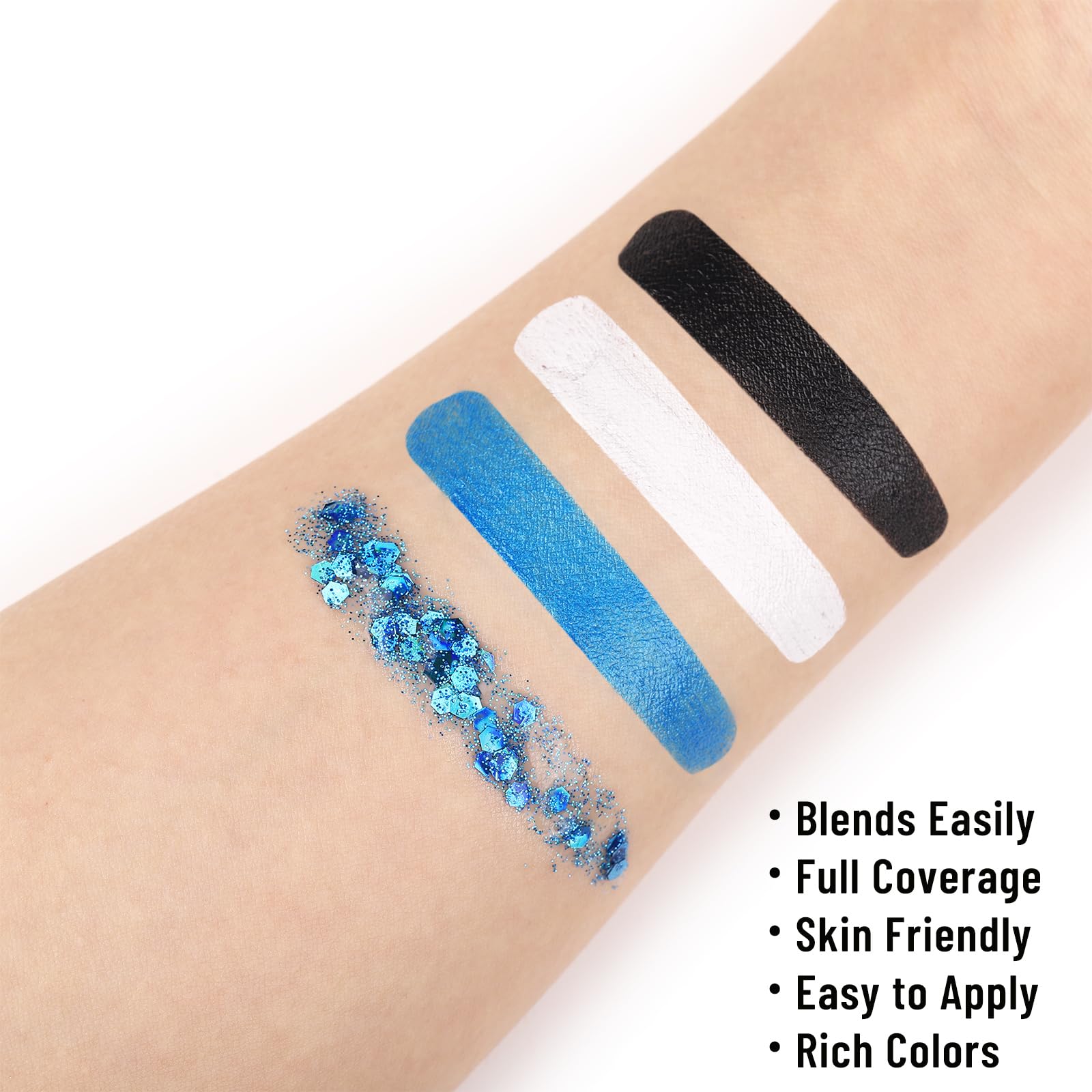 Bobisuka Halloween Face Paint Kit, Black White Blue Face Painting + Body Glitter Gel + Face Gems, Professional Washable Body Pai