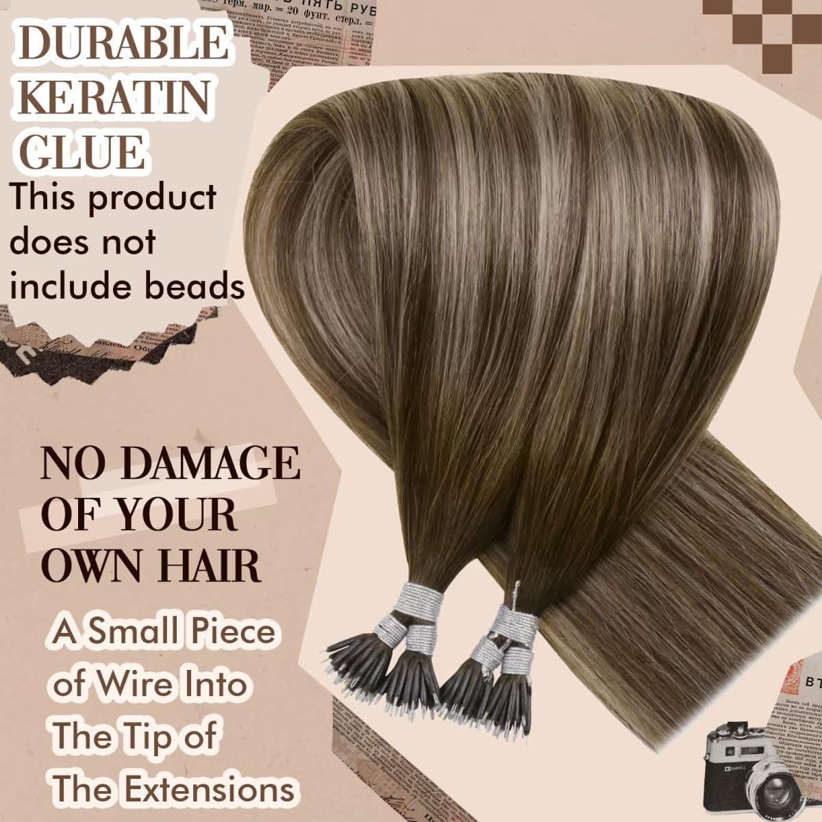 Hetto Nano Ring Human Hair Extensions Balayage Nano Beads Hair Extensions Human Hair #4/18/4 Ash Blonde Dark Brown Nano Tip Hair