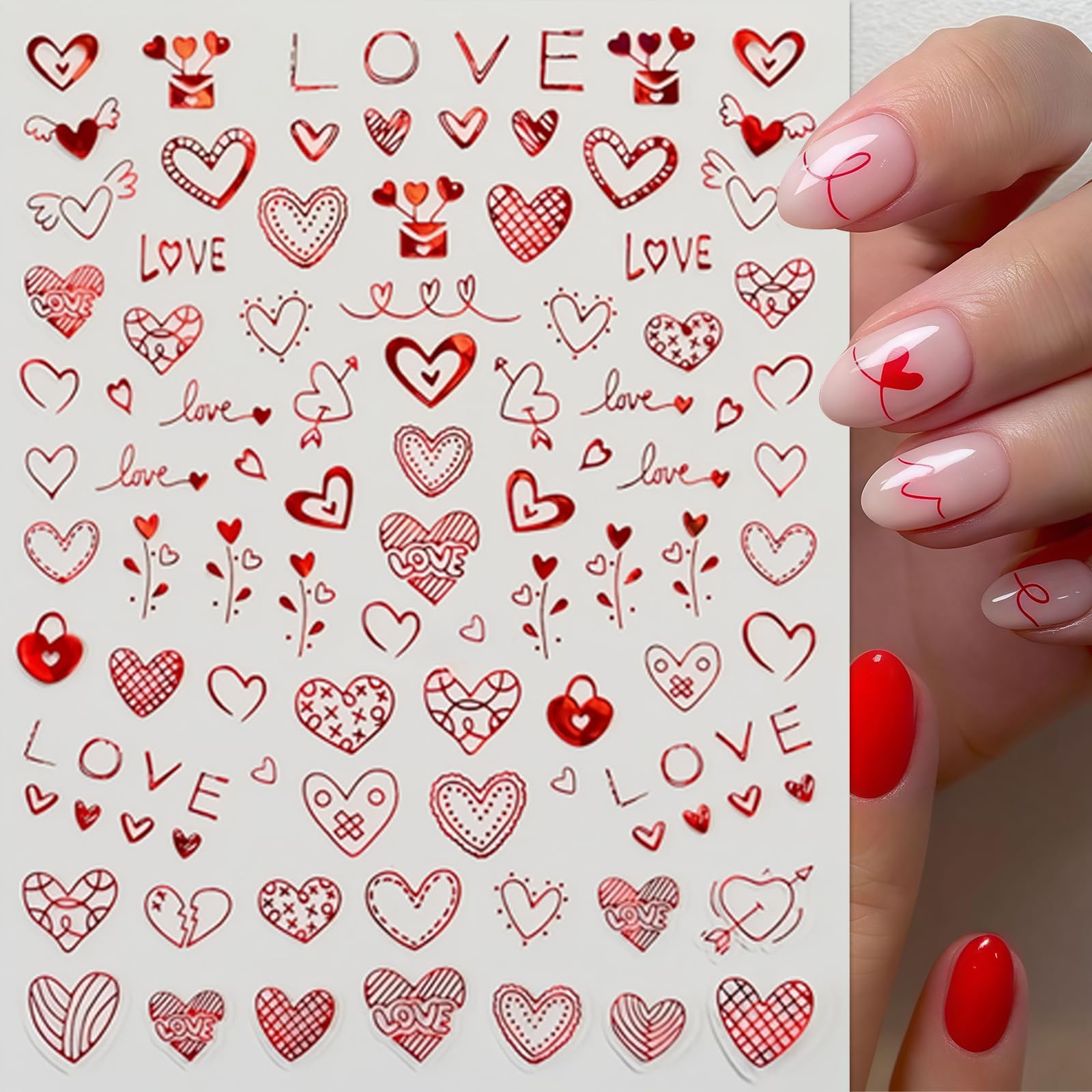 8Pcs Valentines Day Nail Art Stickers Decals Red Heart Nail Sticker Valentines Nail Decals 3D Self-Adhesive Laser Red Love Heart