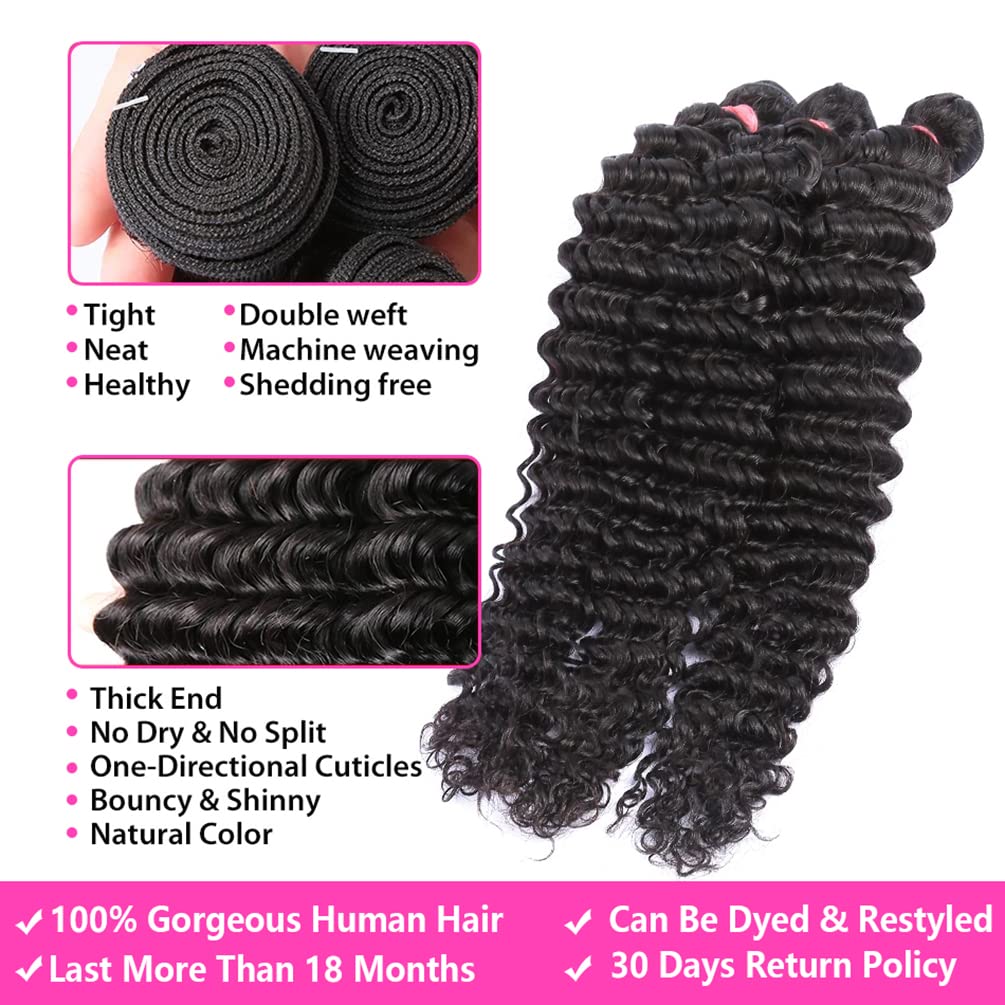 12 A Brazilian Deep Wave Human Hair Bundles(18 20 22) 100% Unprocessed Virgin Remy Hair Deep Curly Human Hair Weave 3 Bundles Ex