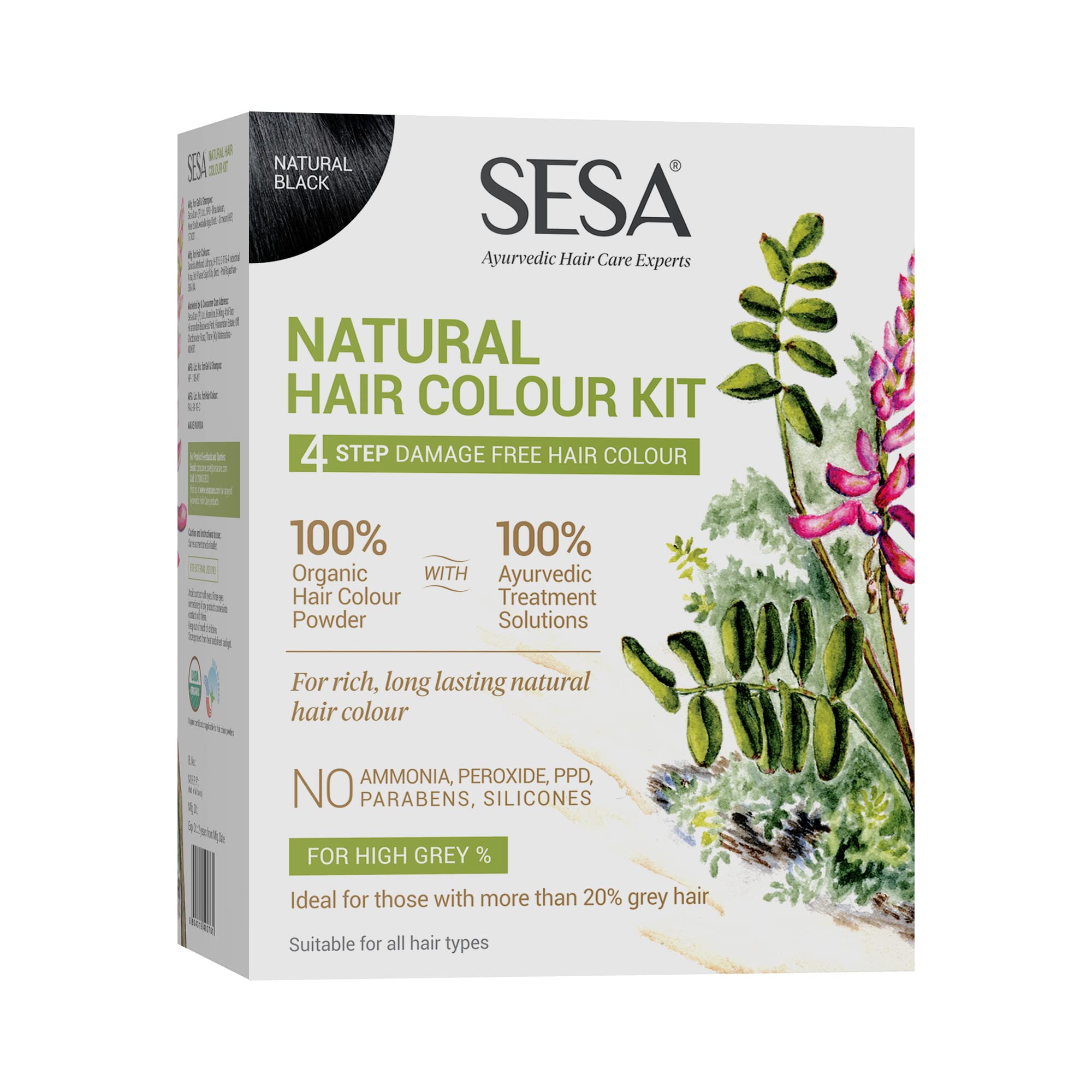 Sesa 4 Step Natural Hair Colour Kit  For High Grey%  100% Organic & Ayurvedic  No Ammonia, Ppd, Peroxide, 200Gm + 40Ml