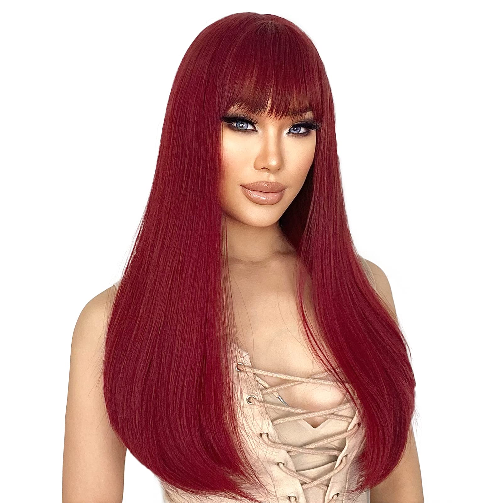 Entranced Styles Red Wigs For Women Long Straight Wig With Bangs Synthetic Burgundy Wig Colored Cosplay Wig For Girls Daily Part