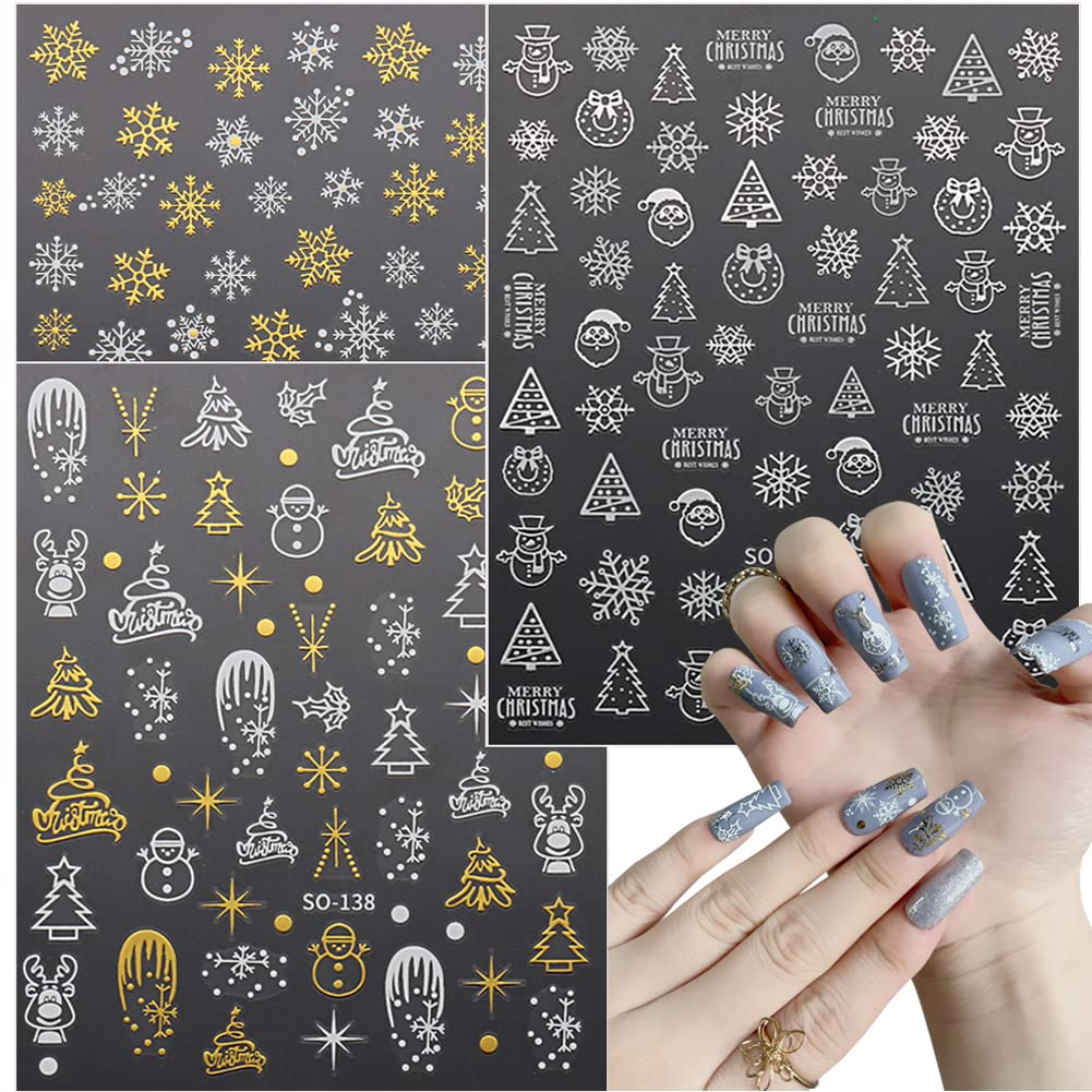 8 Sheets Christmas Nail Stickers 3D Snowflake Nail Art Supplies Santa Claus Snowflakes Tree Elk Nail Decals Gold Silver White De