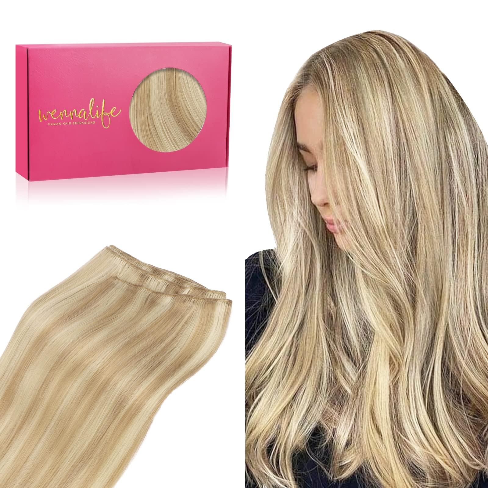 Wennalife Sew In Hair Extensions Real Human Hair, Weft Hair Extensions Human Hair 16 Inch 80G Light Blonde Highlighted Golden Bl