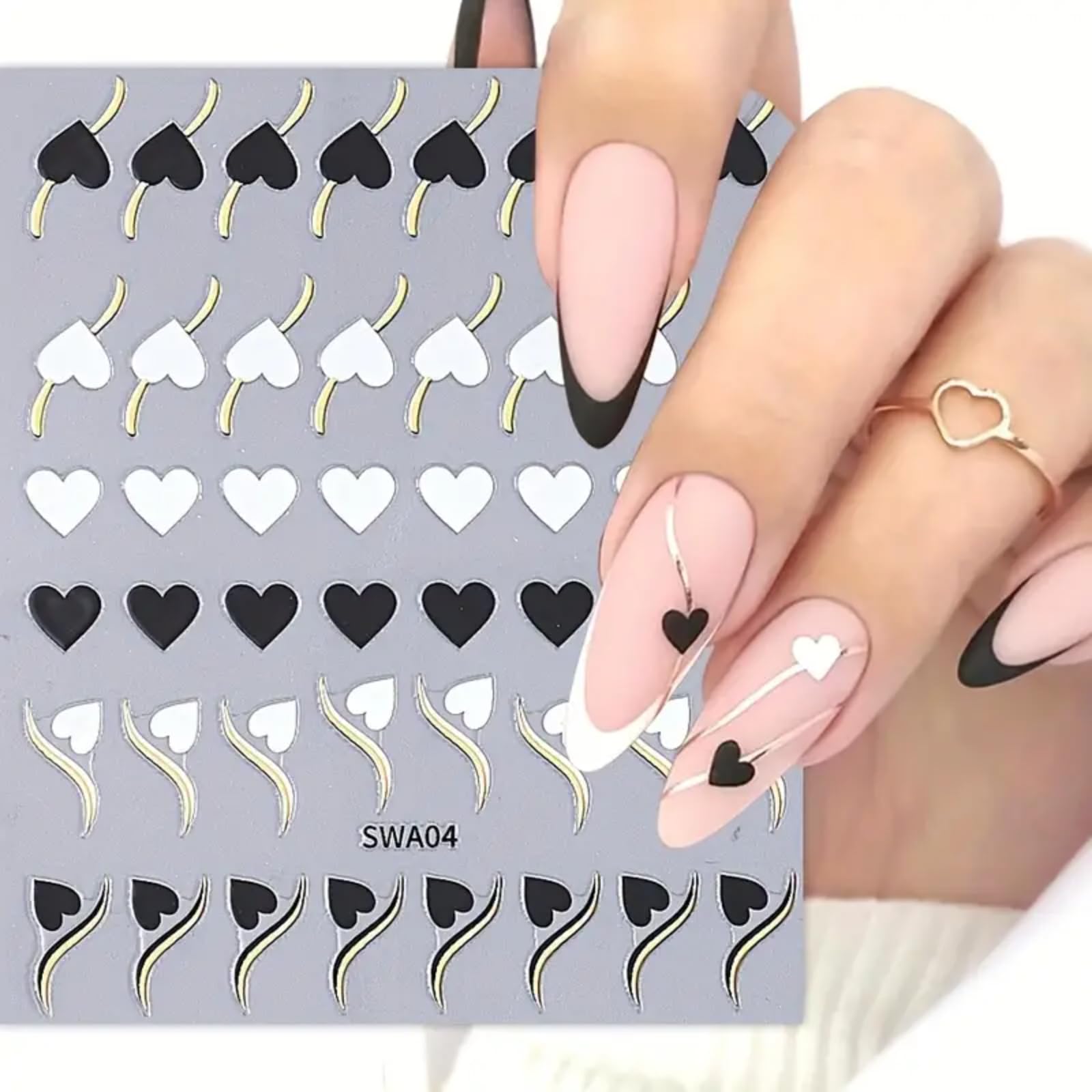 6 Sheets Valentines Day Nail Art Stickers 3D Self-Adhesive Heart Nail Stickers White Black Pink Red Hearts French Nail Design Na