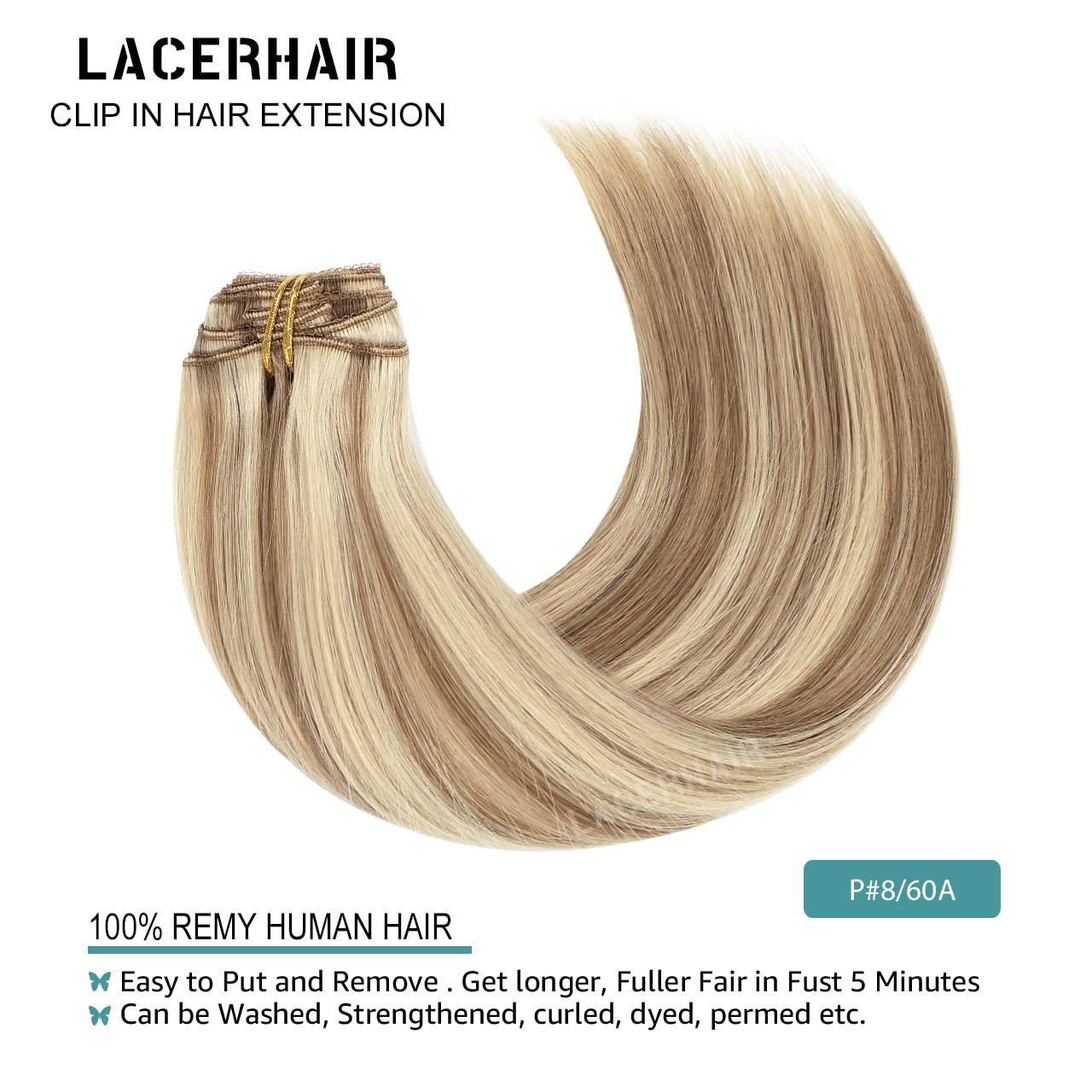 Lacer Hair Hair Extensions Clip In Human Hair Thick Straight Hair Light Brown Highlights Platinum Blonde Color Clip On Real Hair