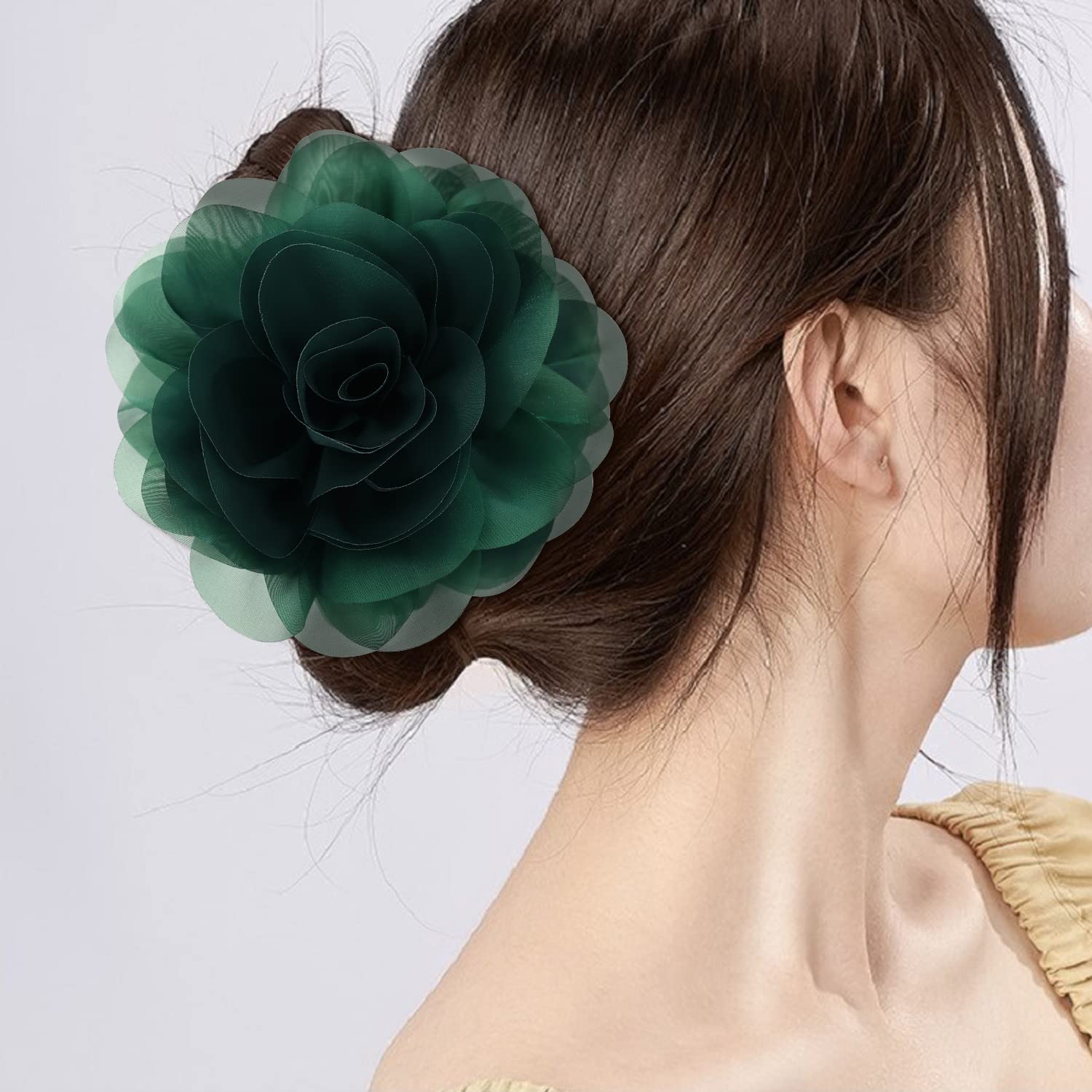 Cinaci 4 Pack Large Red Yellow Green Black Rose Flower Plastic Hair Claws Clips Big Chiffon Flower Bows Jaw Barrette Clamps Flor